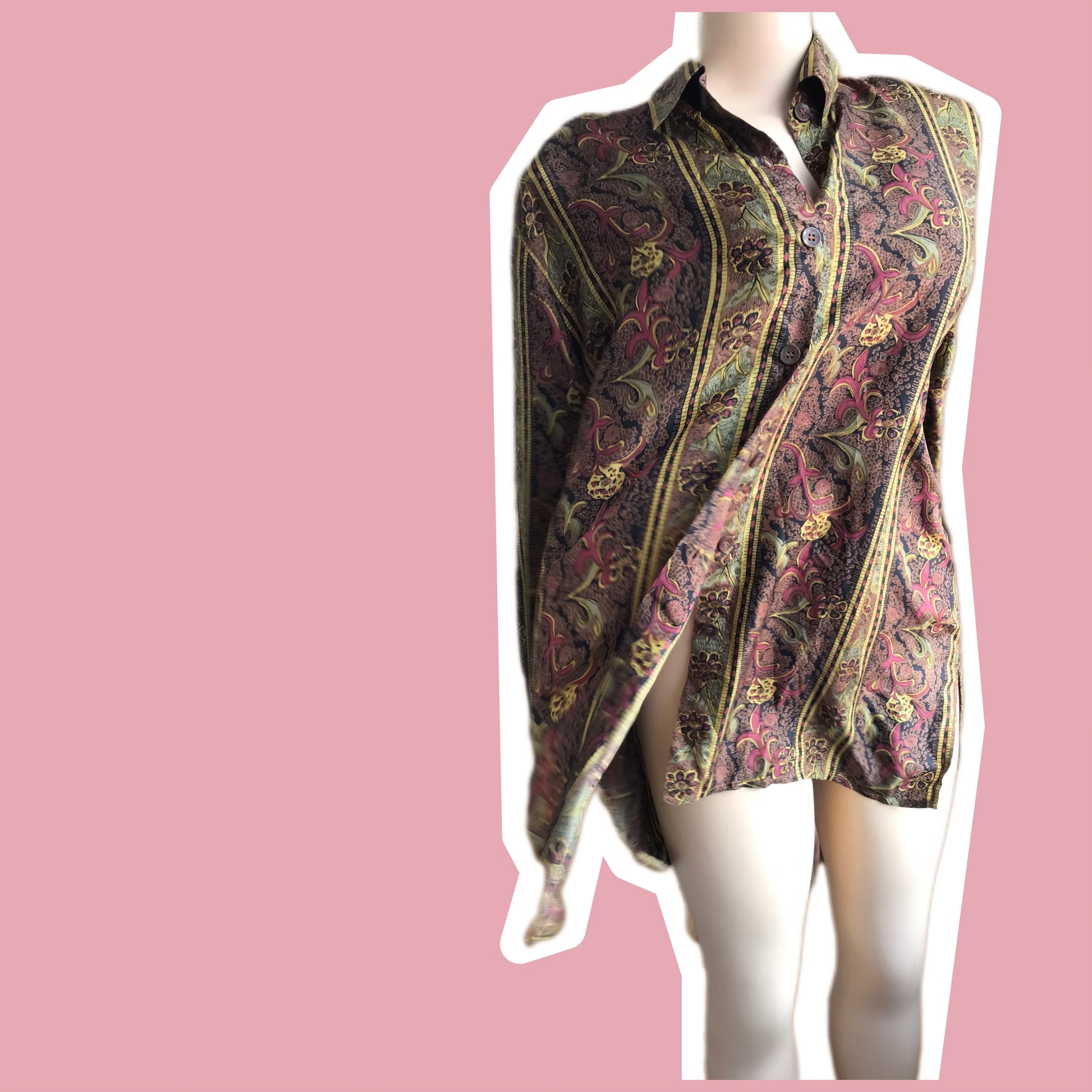 100% Silk vintage floral print earth tone button blouse /xl