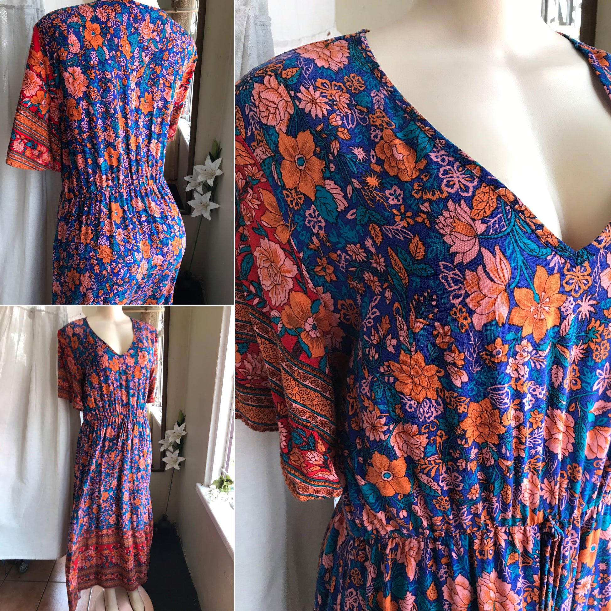 floral boho maxi dress blue orange viscose L