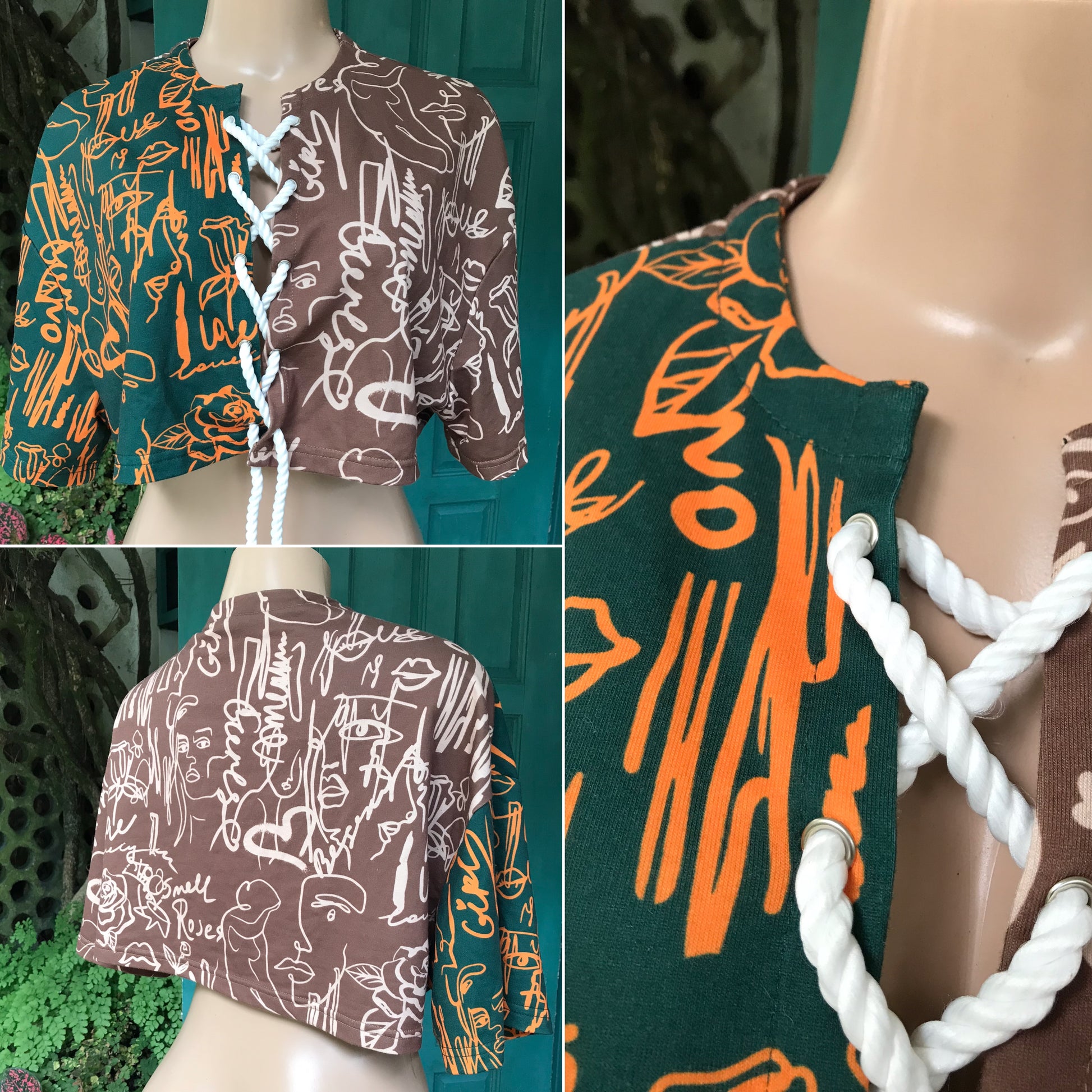 graphic face print 2 tone button crop top lace ... m/L ;;;