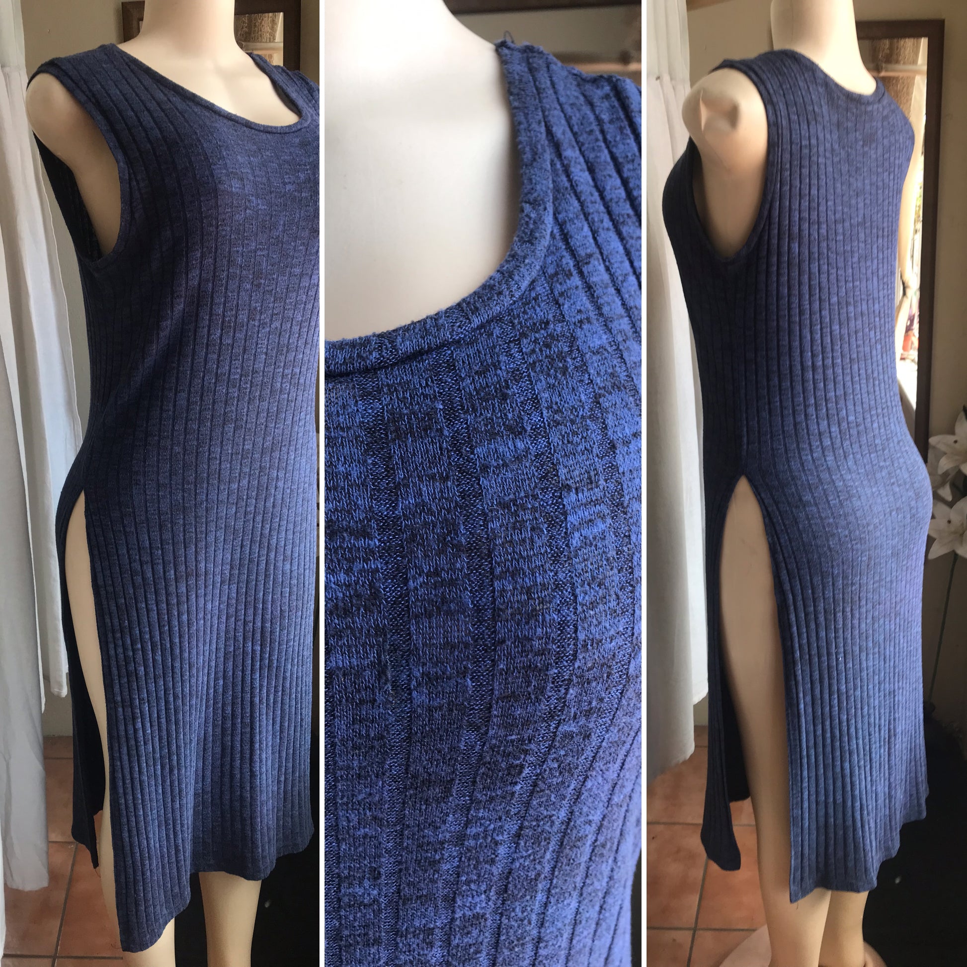 navy knit sleeveless dress high slit .. L