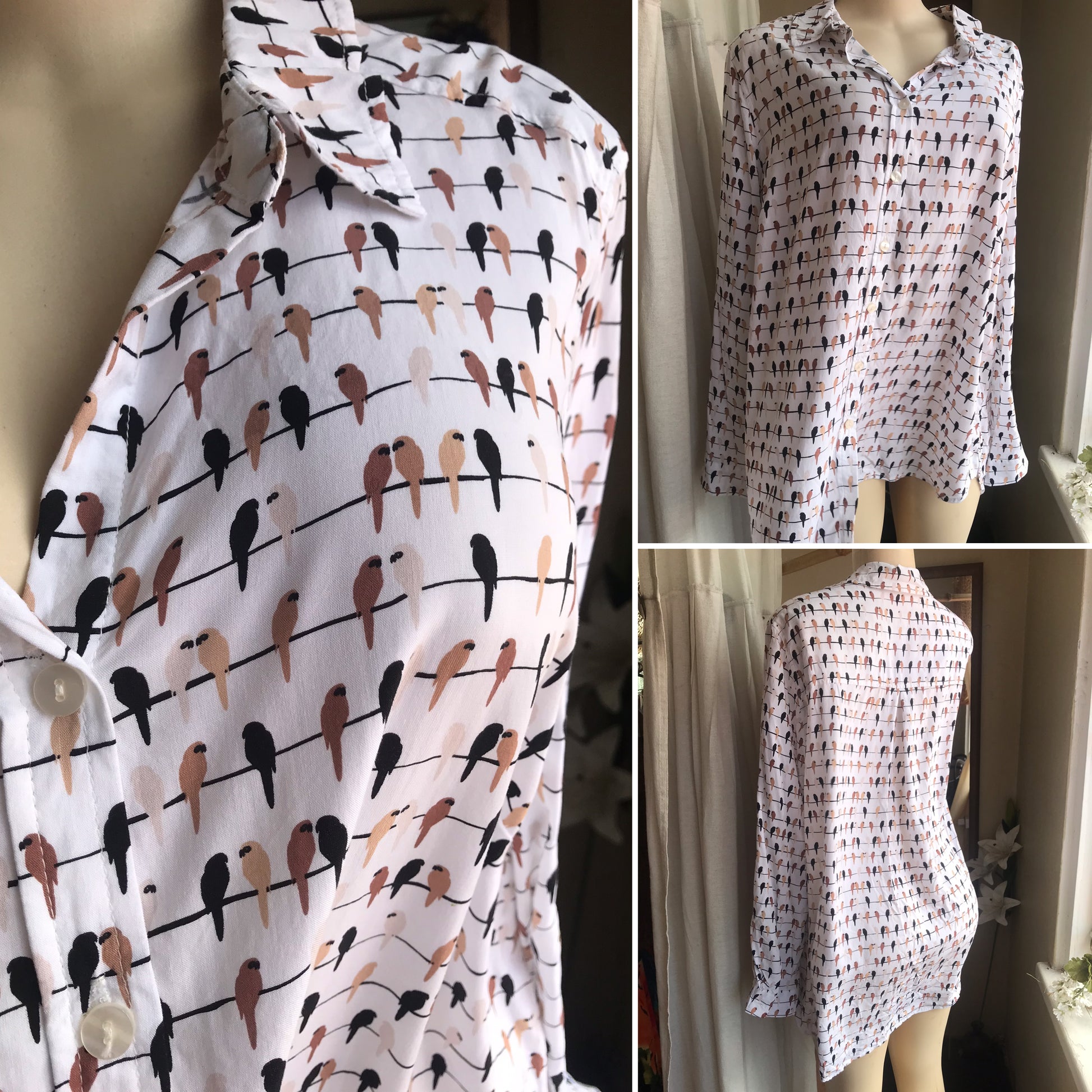 white sitting birds printed button blouse ... /xL