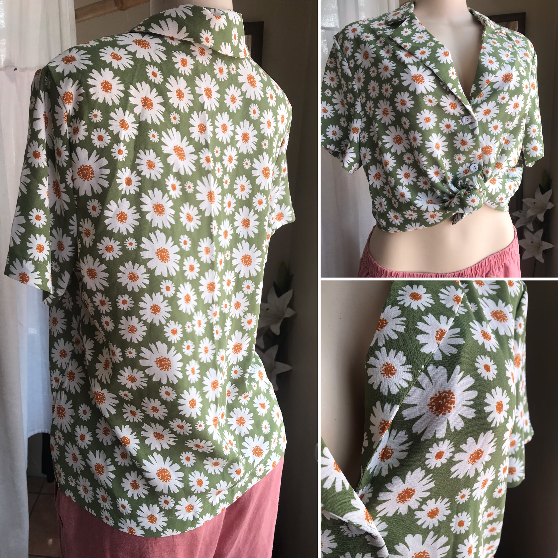 green floral button blouse notch collar ... L