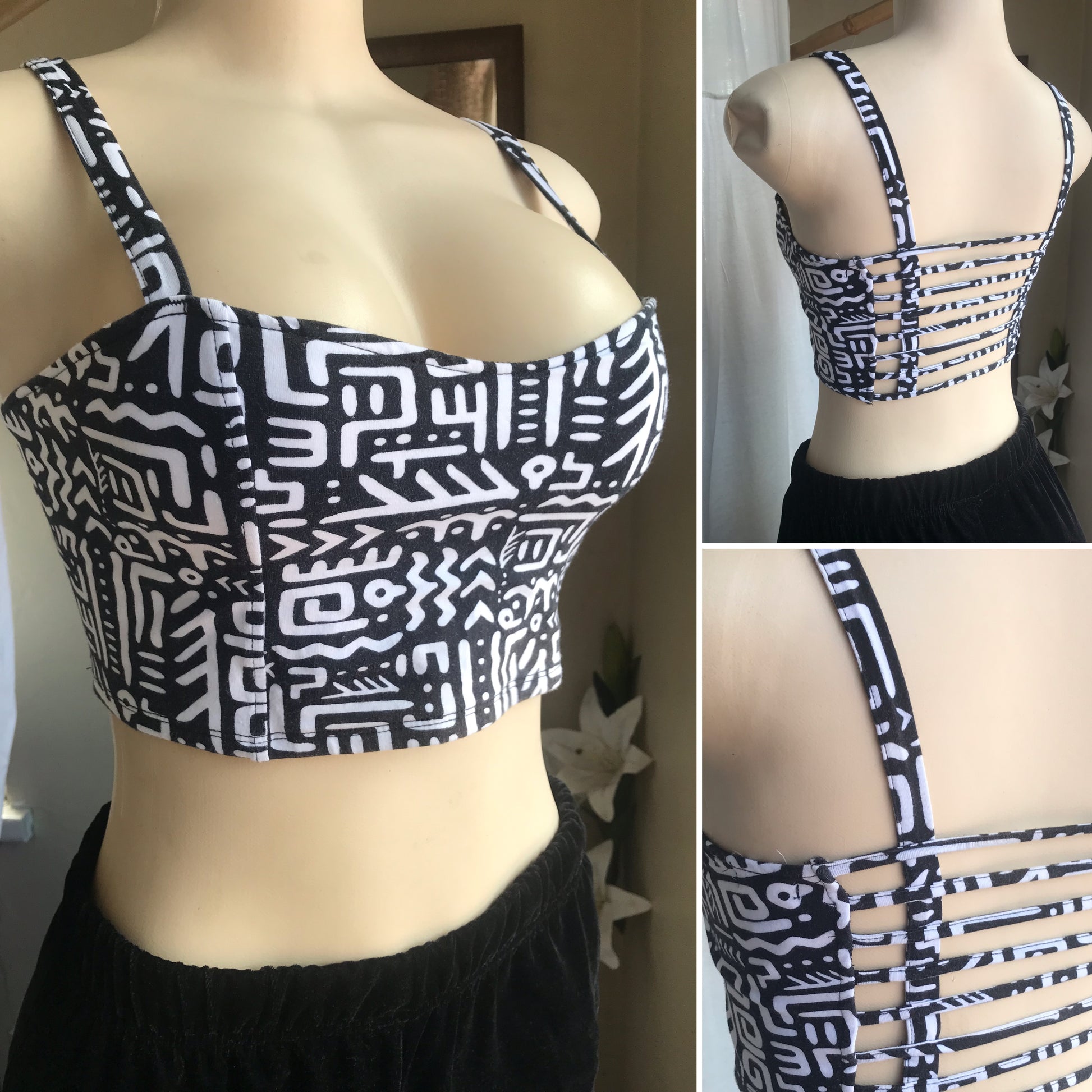 b&w tribal print crop top open back cotton ... m ,,,