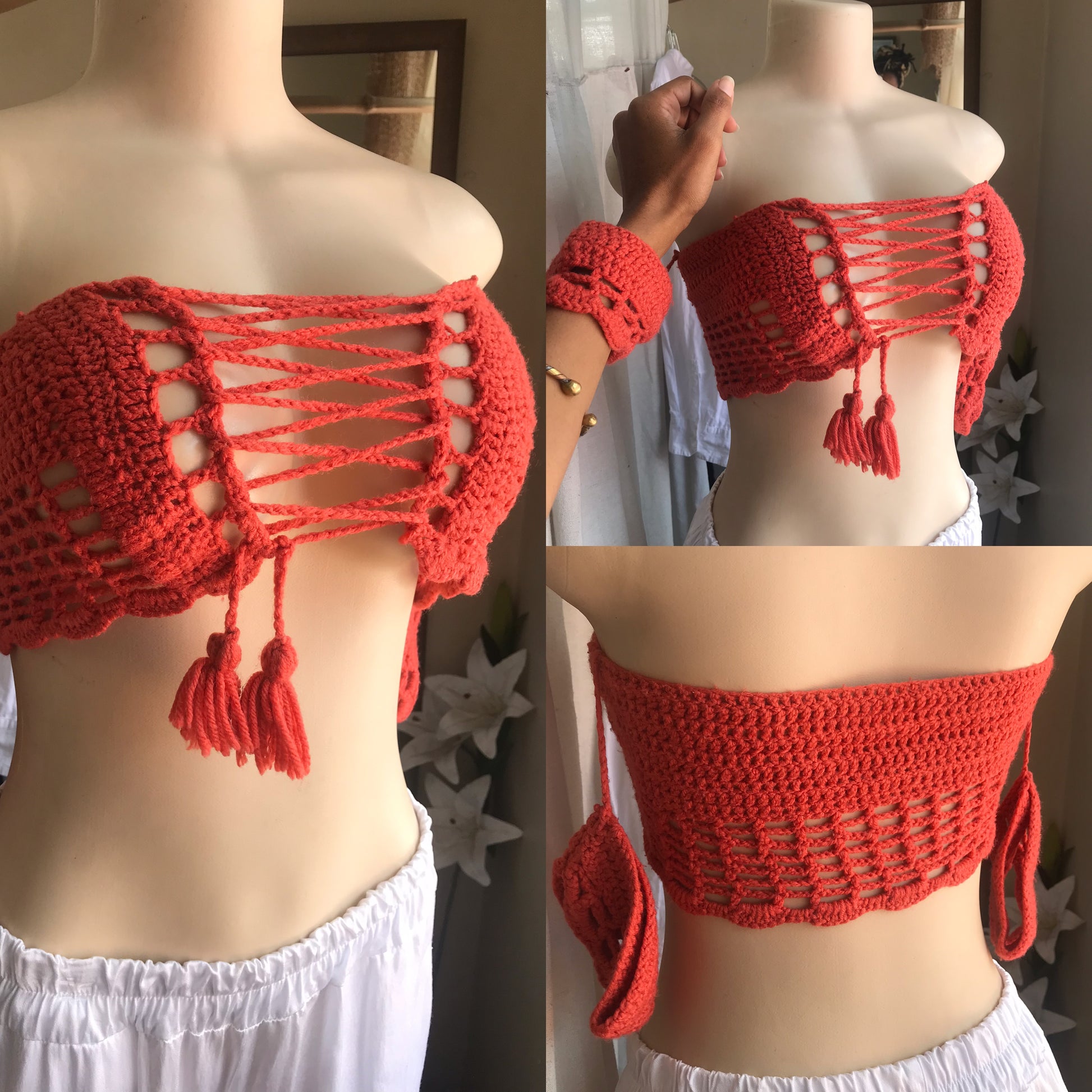 rust crochet detached shoulder crop top ... one size fits most