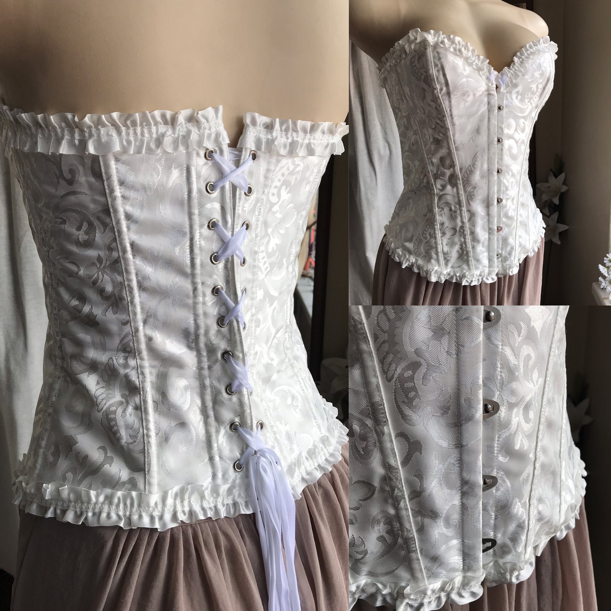 white silky lace up corset ruffle wire ... M/L