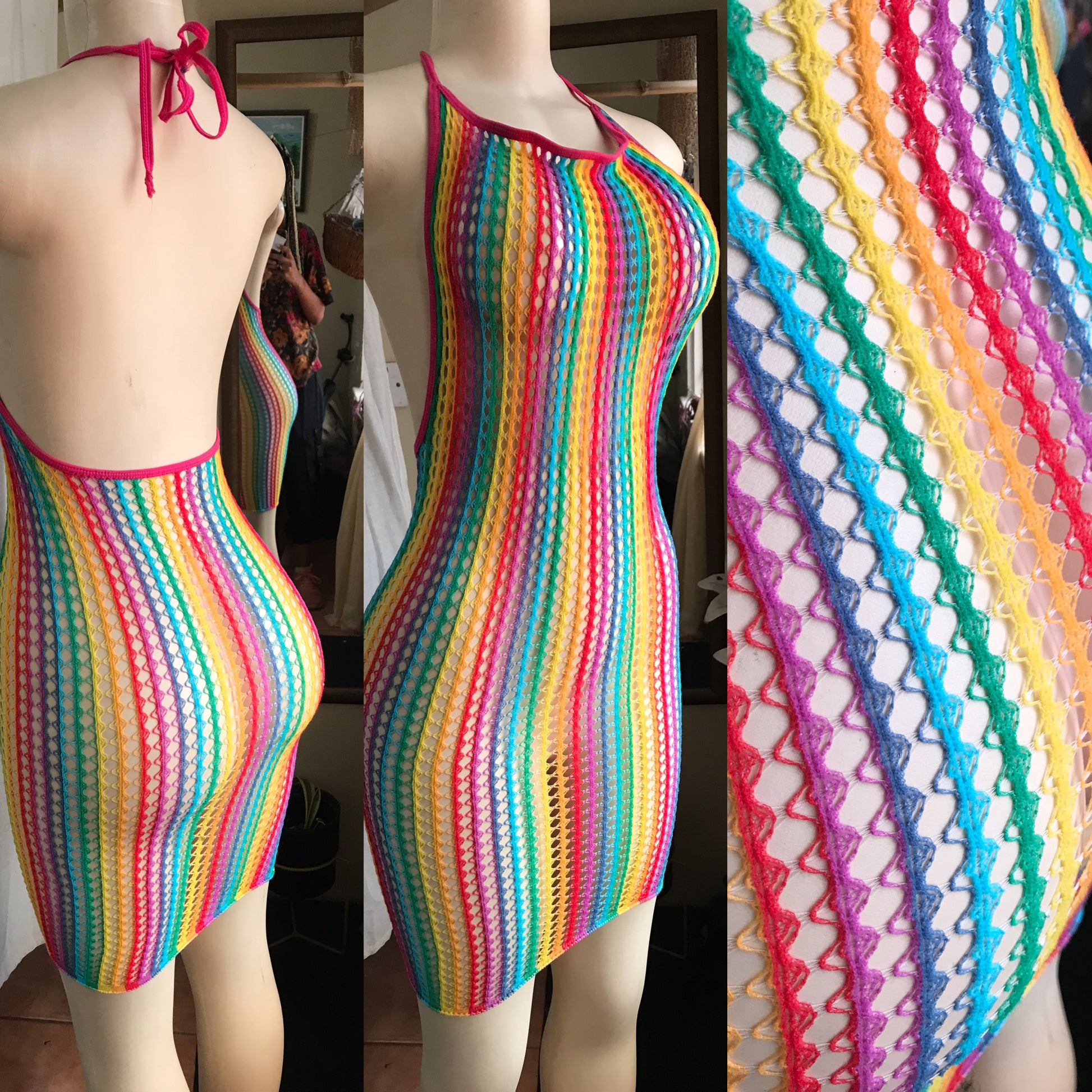 rainbow halter mesh dress stripe coverup one size