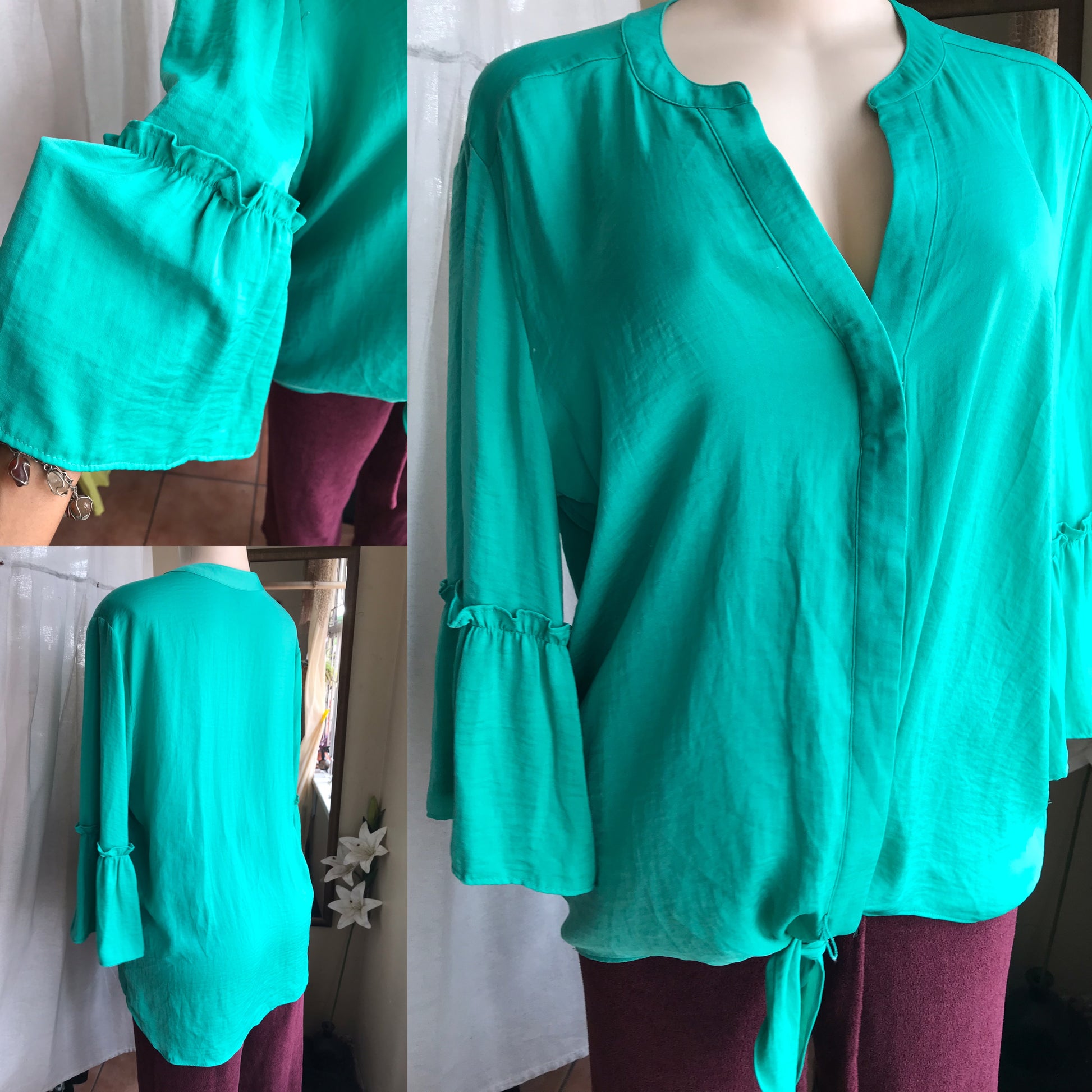 teal bell sleeve professional blouse tied... /xl