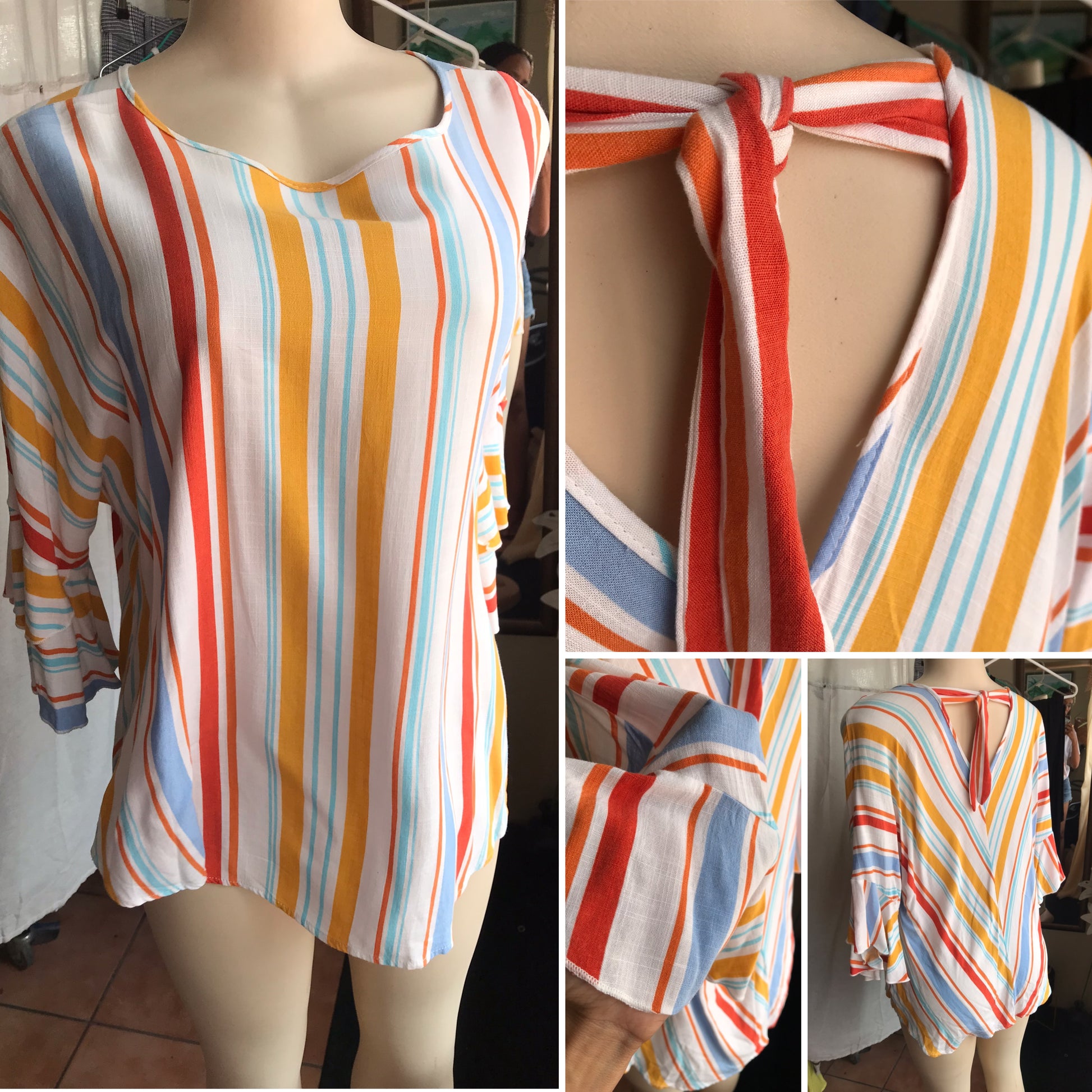 candy stripe bell sleeve keyhole back blouse tied ... /xl
