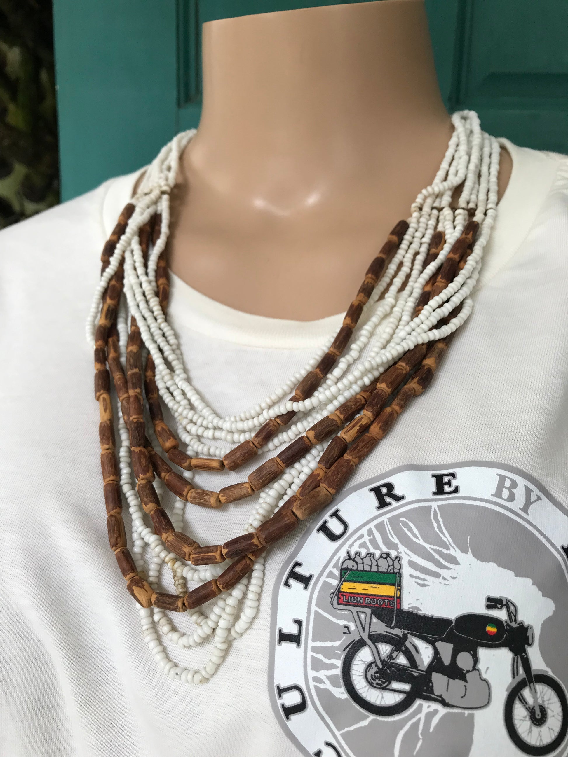 Statement necklace *** layered multi bead wood and white