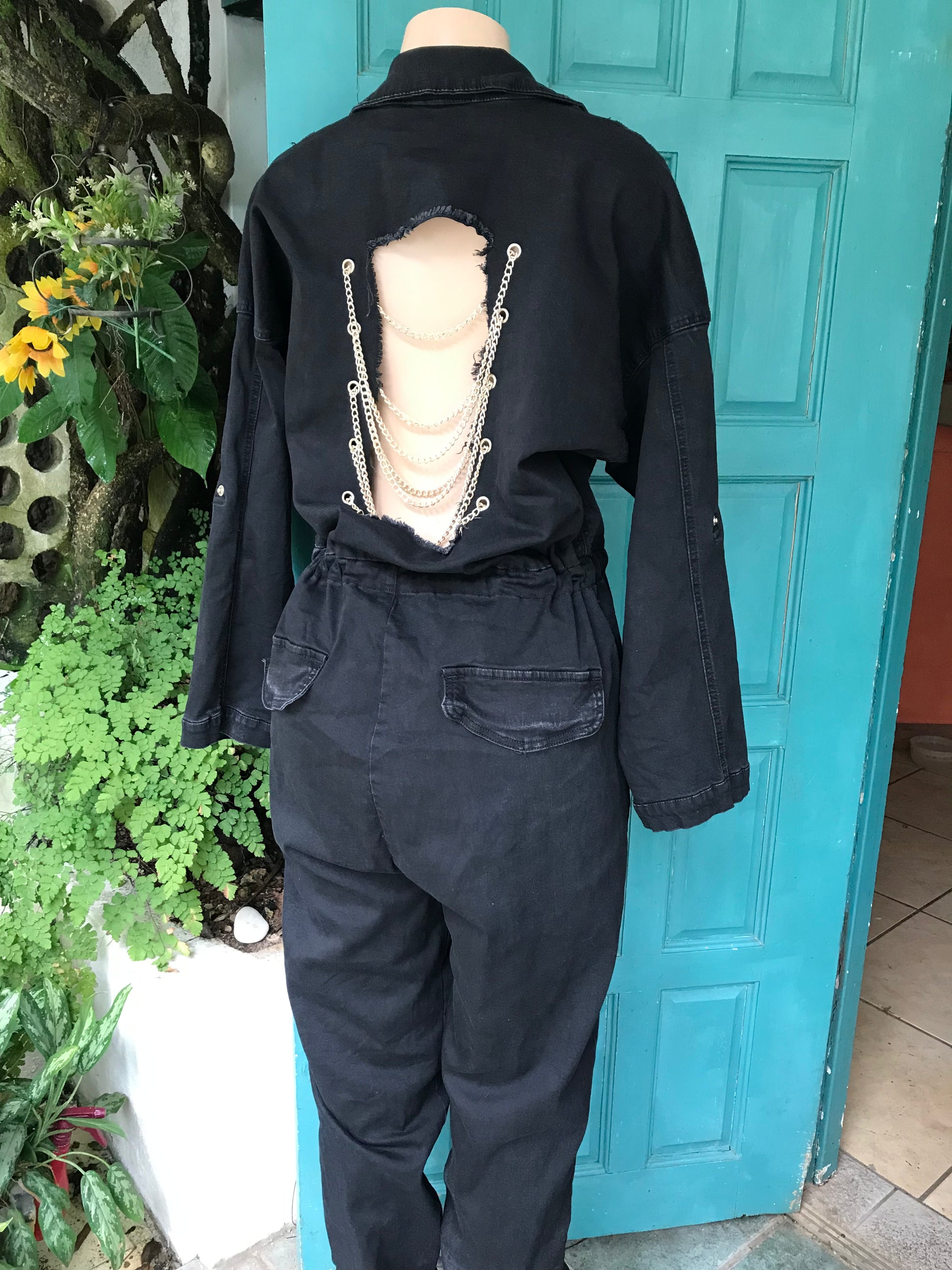 Black Backless gold chain button down jumpsuit stretchy /XL