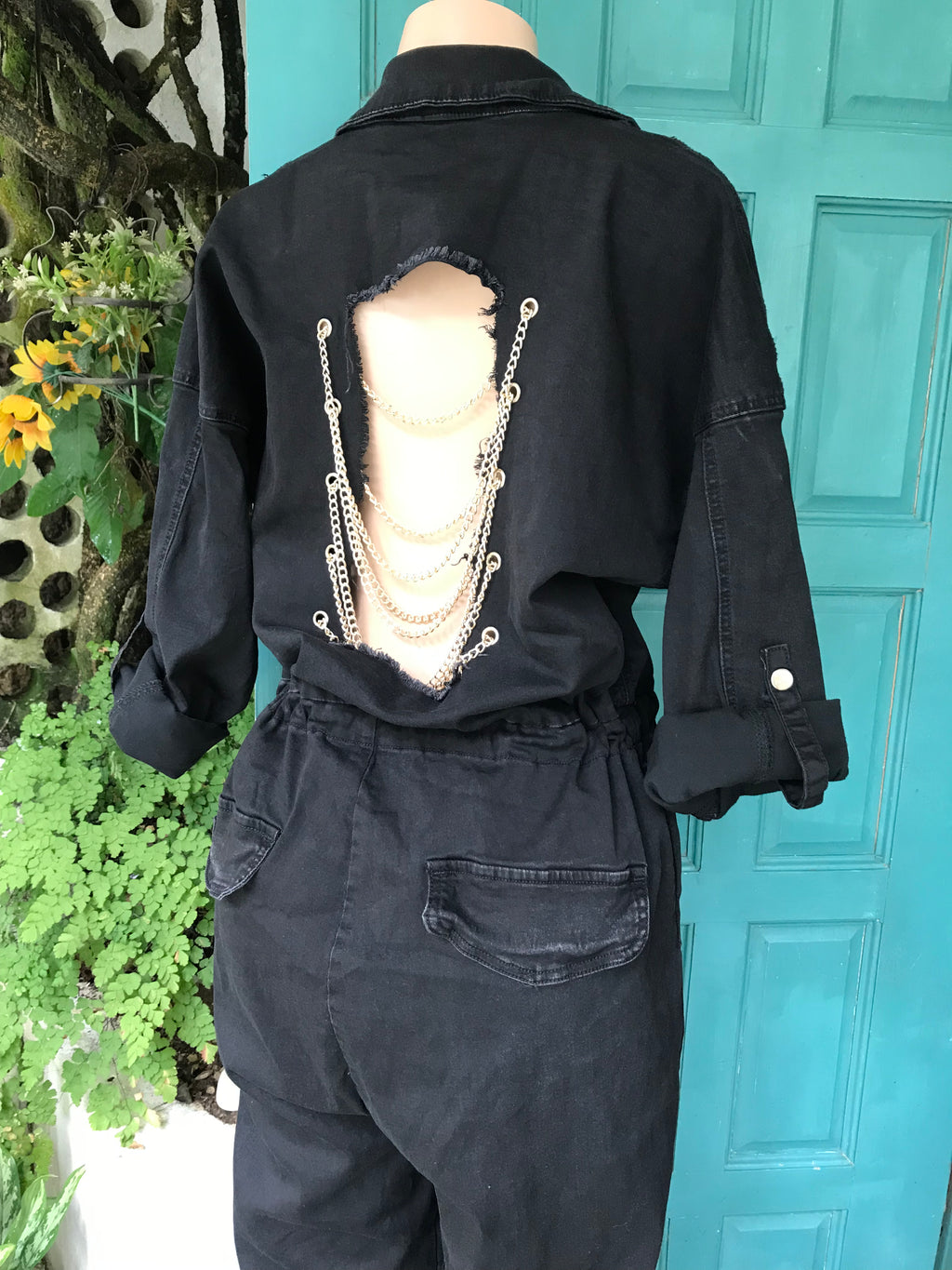 Black Backless gold chain button down jumpsuit stretchy /XL