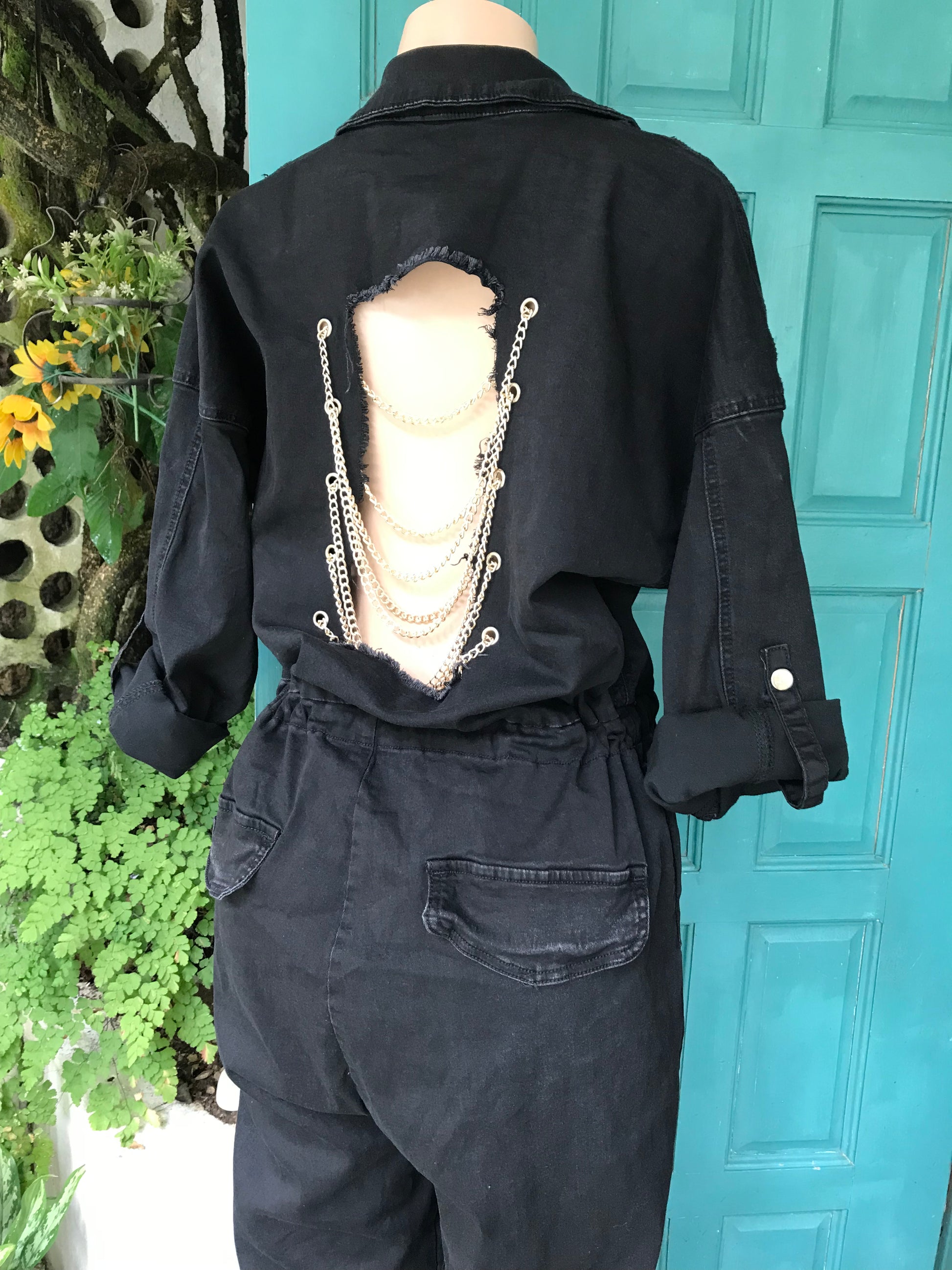 Black Backless gold chain button down jumpsuit stretchy /XL