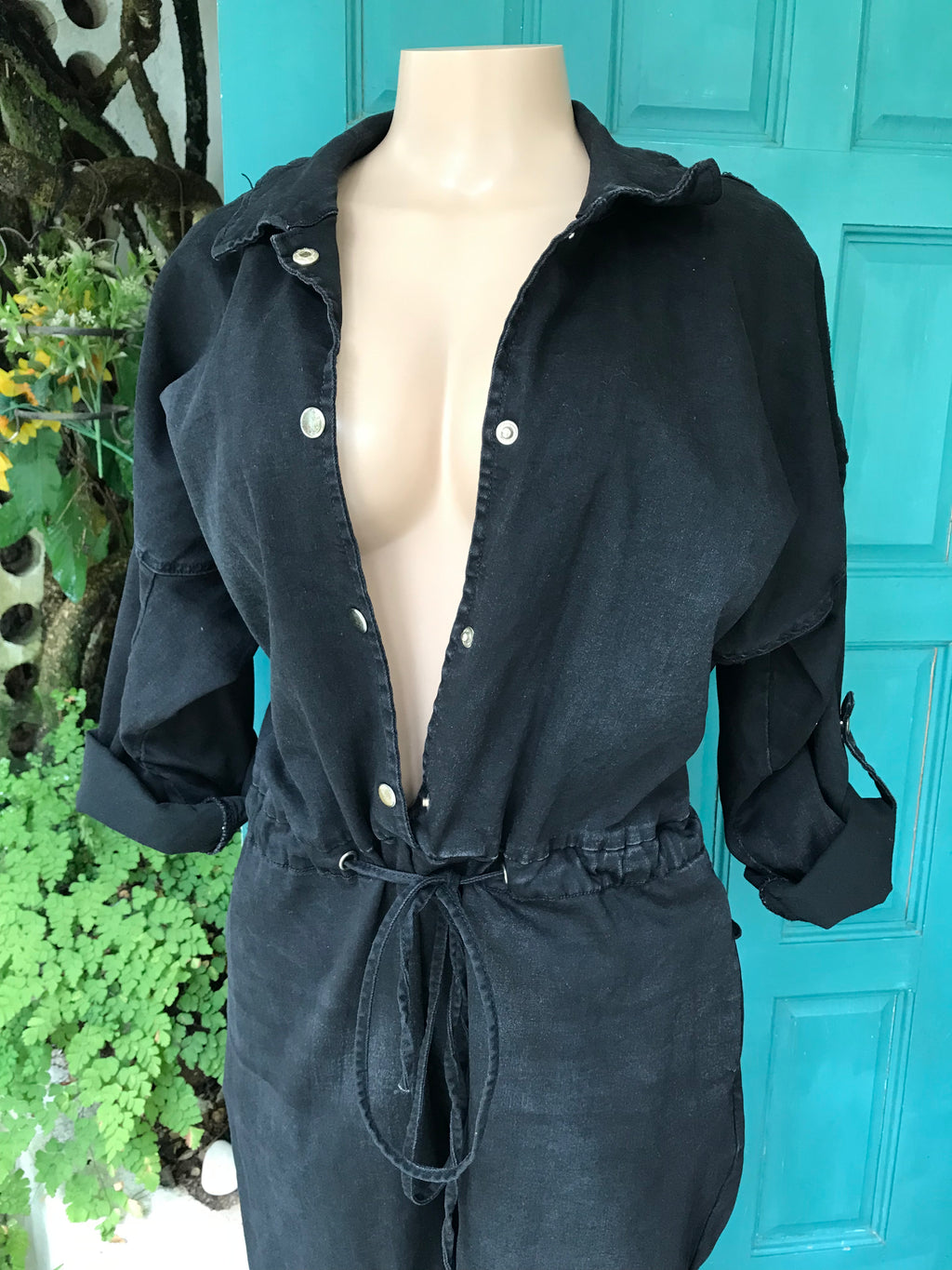 Black Backless gold chain button down jumpsuit stretchy /XL