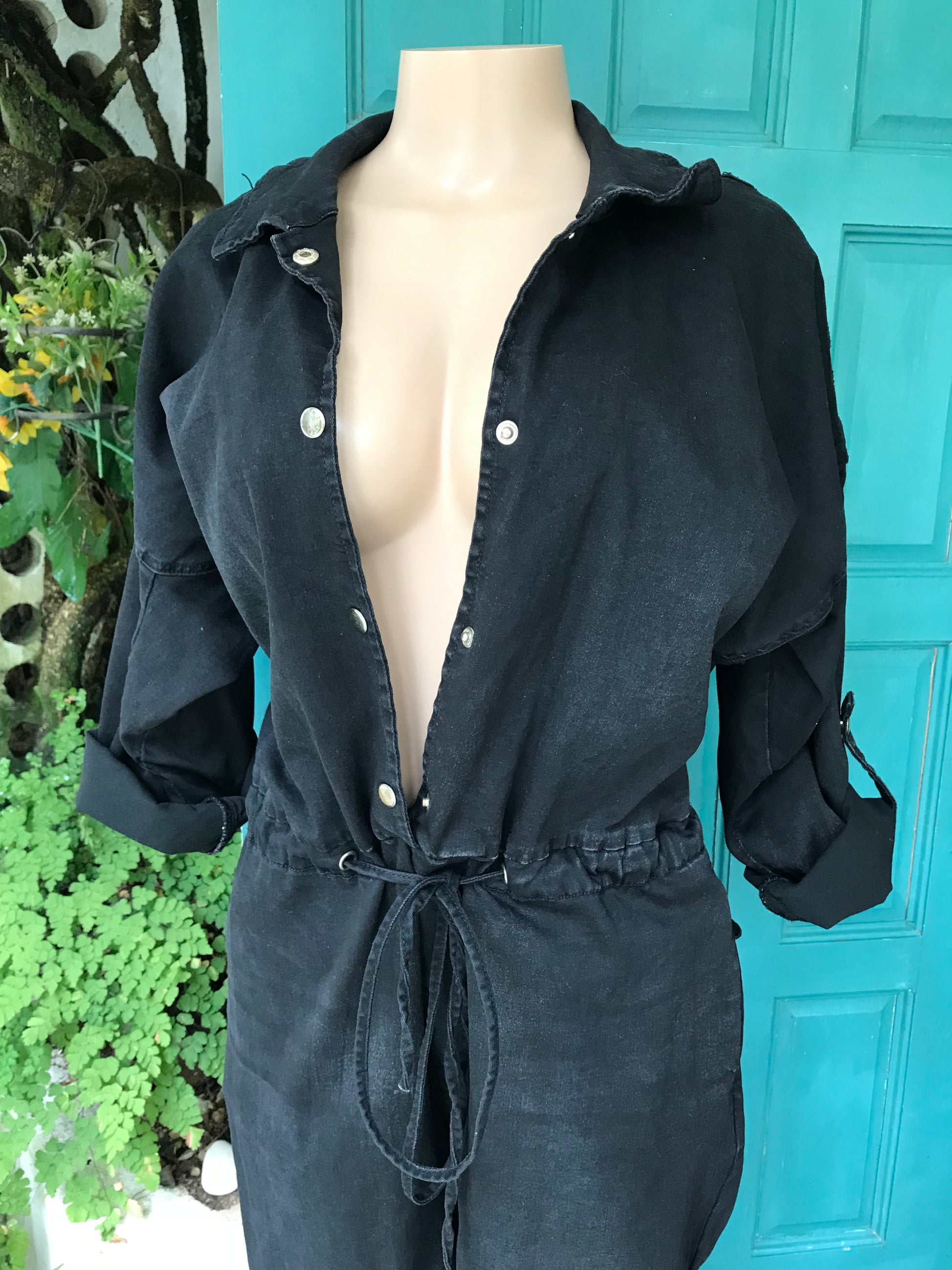 Black Backless gold chain button down jumpsuit stretchy /XL