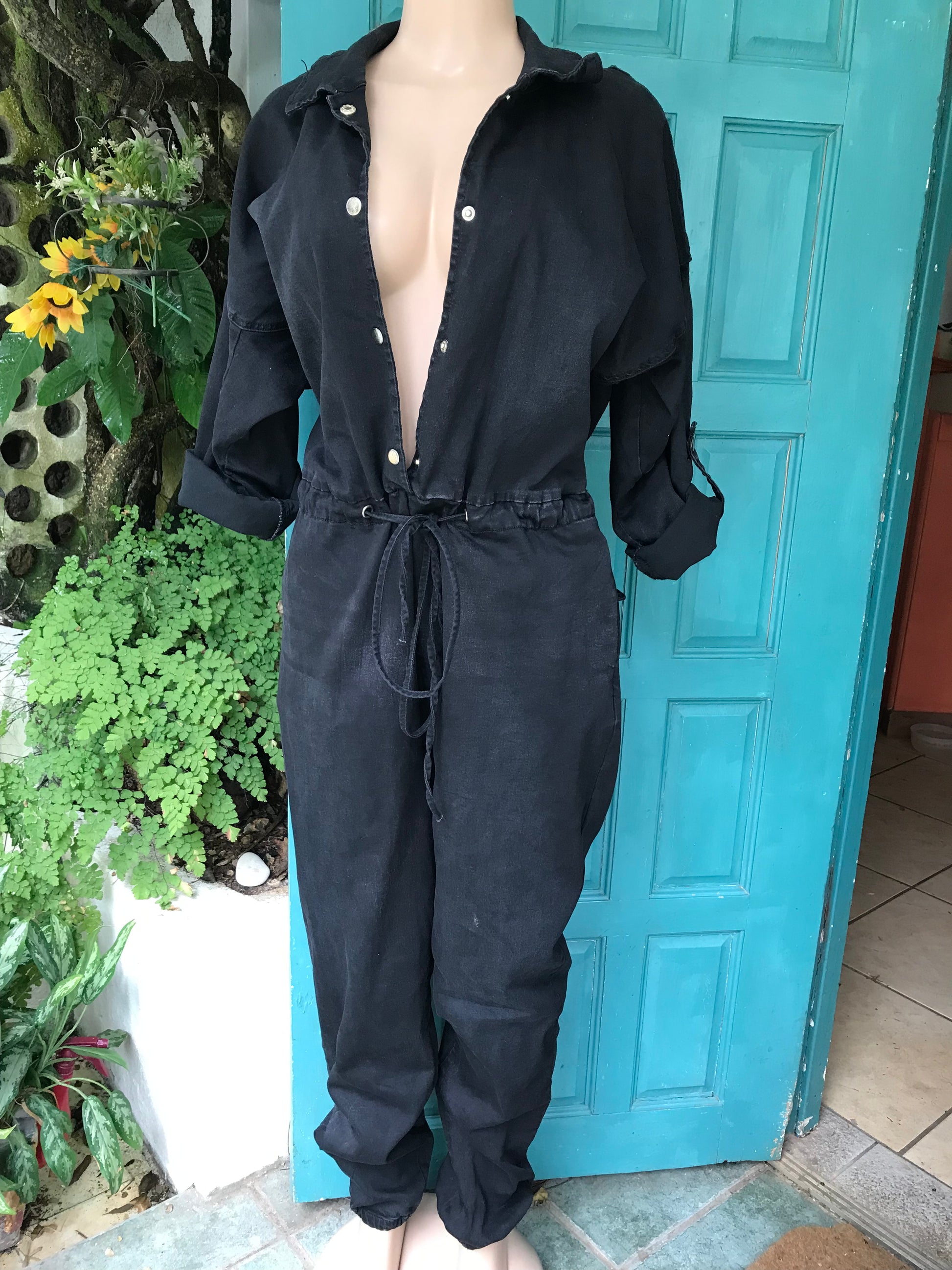 Black Backless gold chain button down jumpsuit stretchy /XL