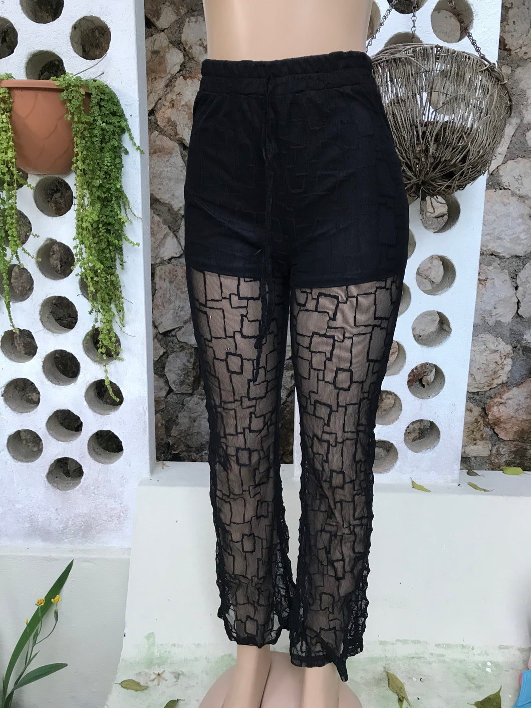 Black Mesh grid fashion pants with shorts inlay ::: s ;;;lll