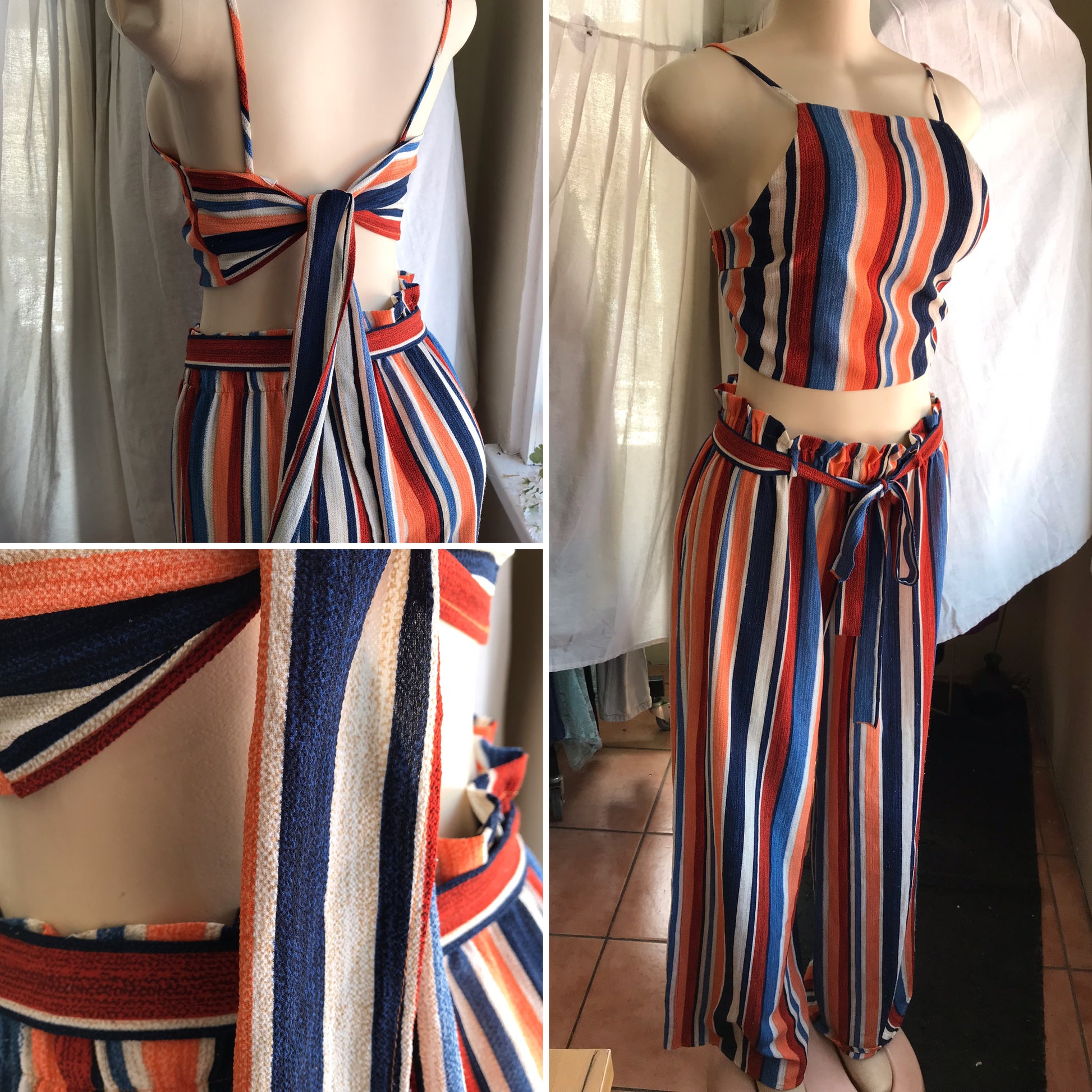 Orange and Navy stripe pants set tied. Crop Top... M :::