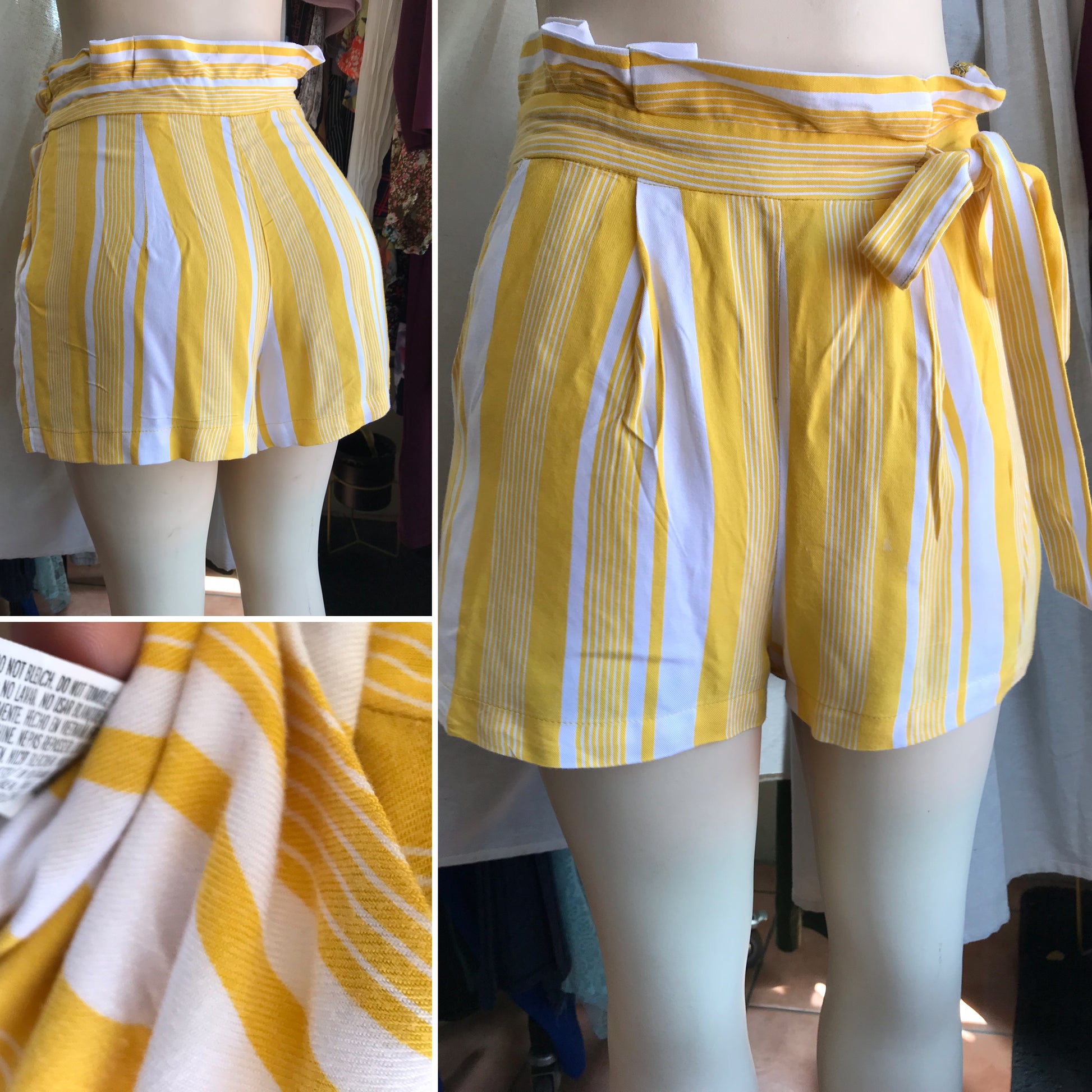 Yellow stripe ruffle top. Semi organic summer shorts tied. s/m