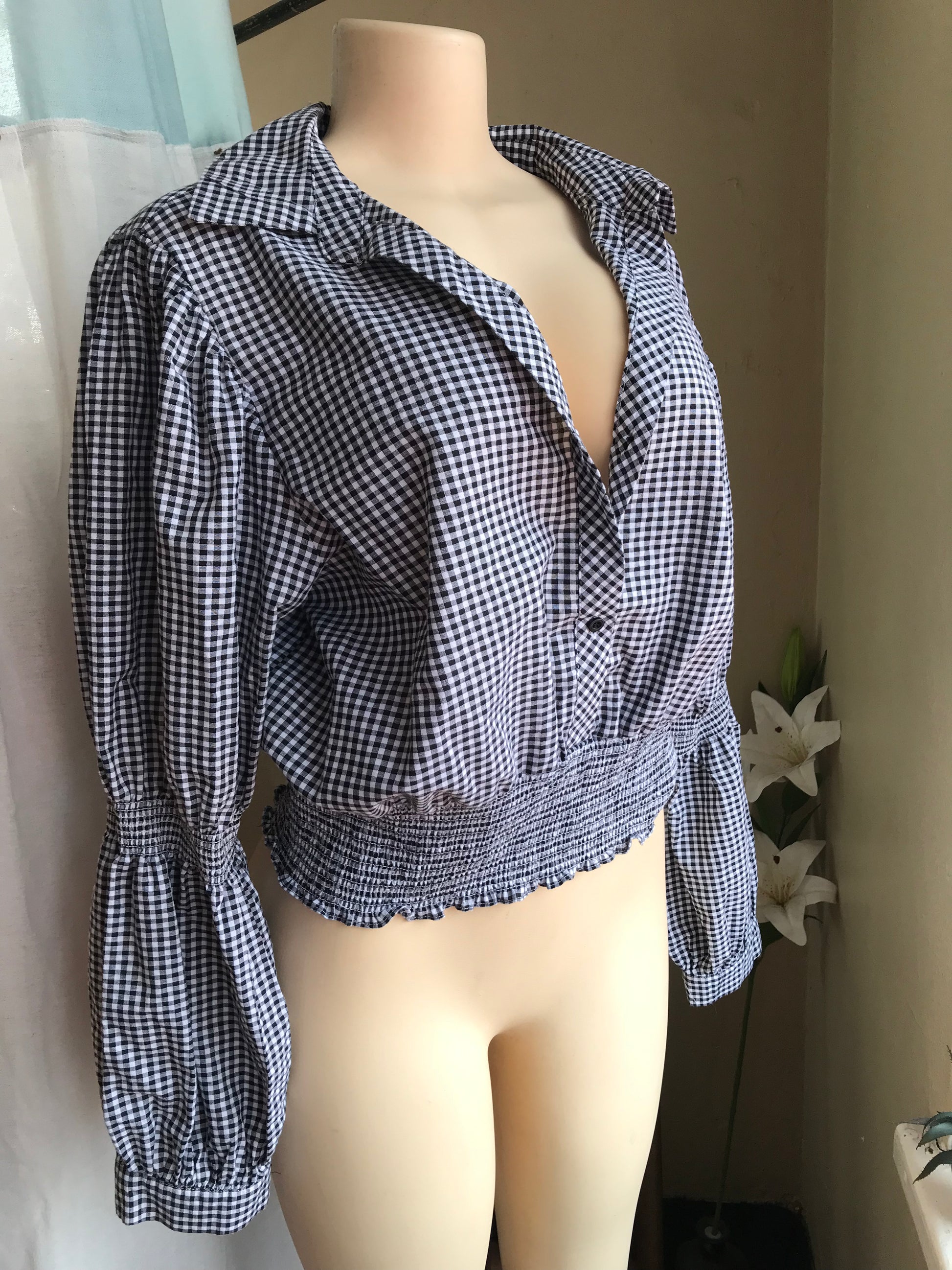 B&w checkered puff sleeve button blouse ... /XL
