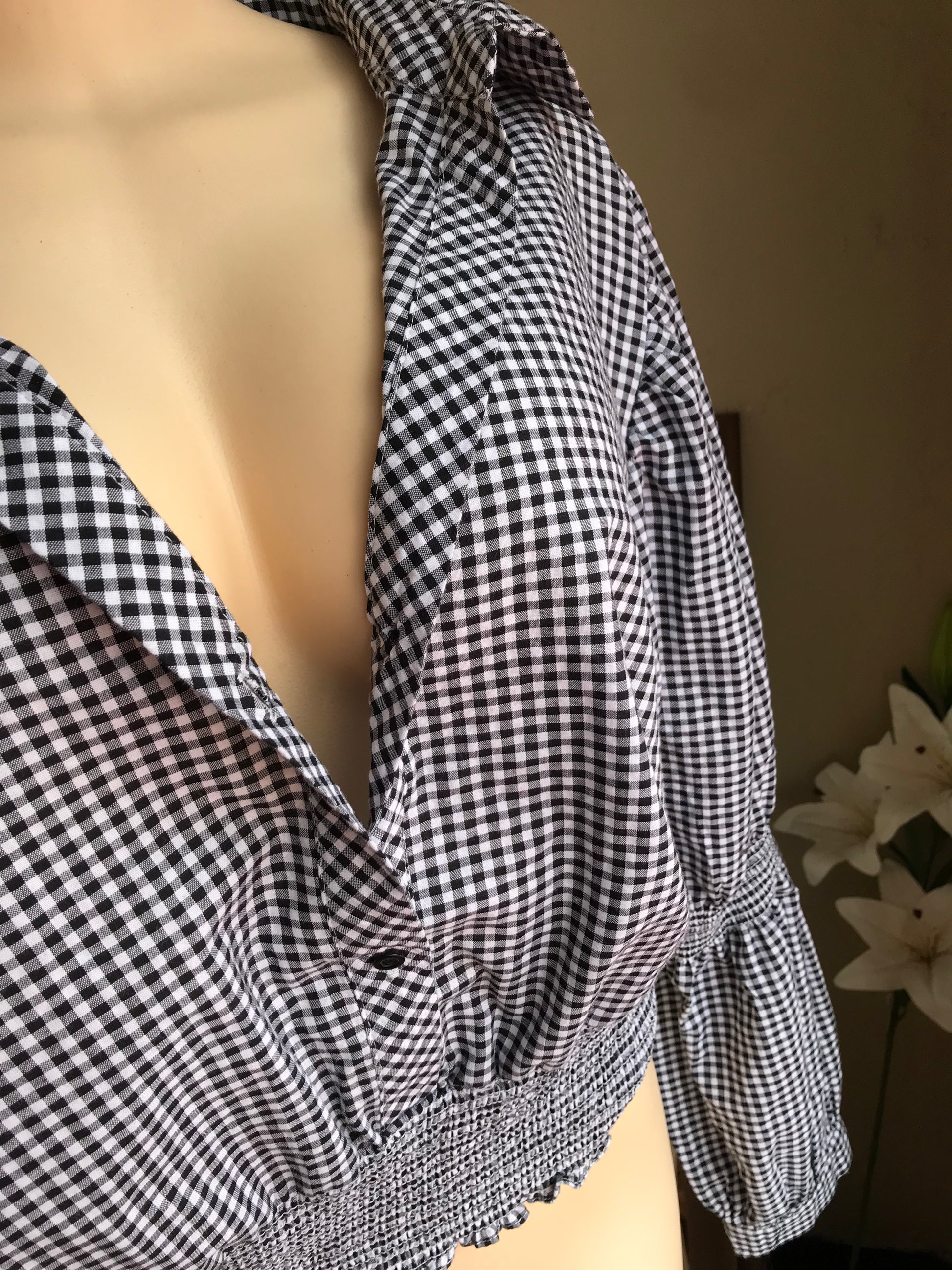 B&w checkered puff sleeve button blouse ... /XL
