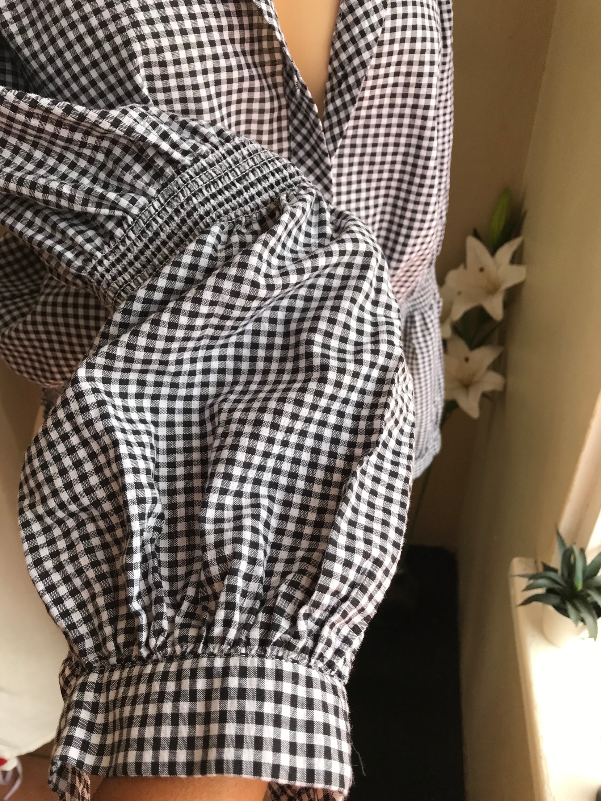 B&w checkered puff sleeve button blouse ... /XL