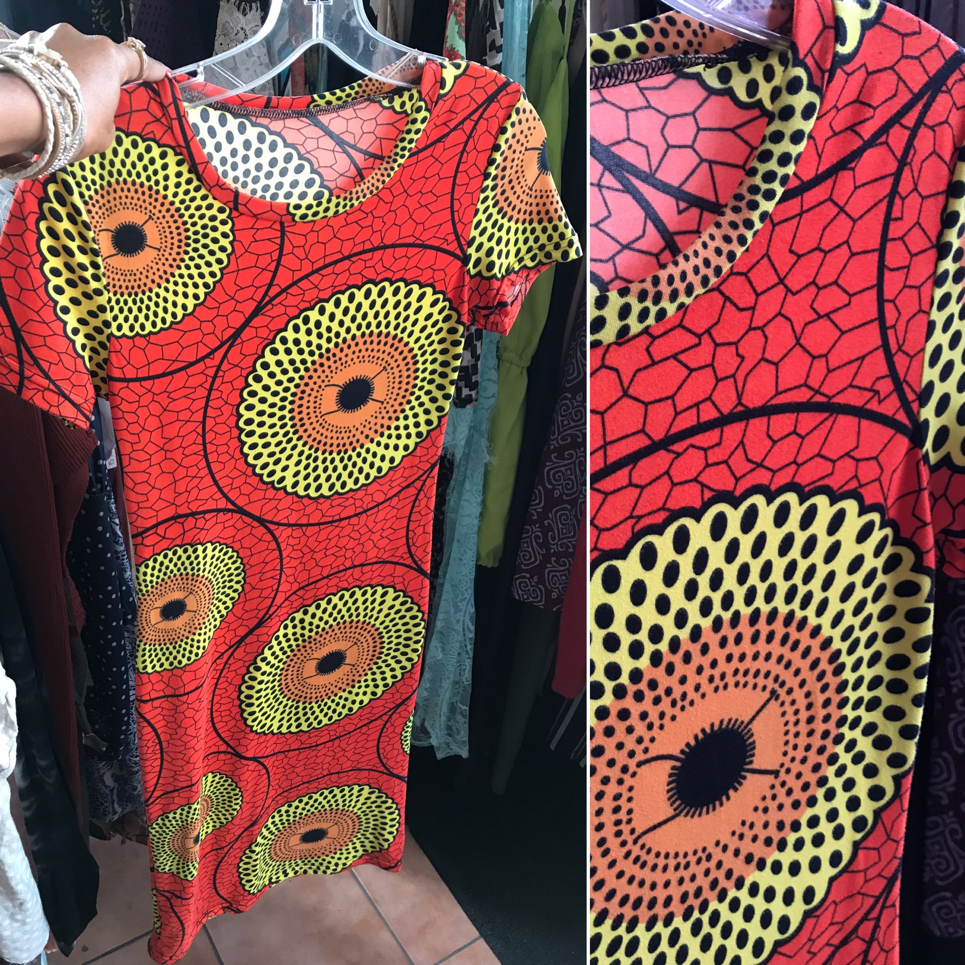 orange african print bodycon t-shirt dress stretchy s/m