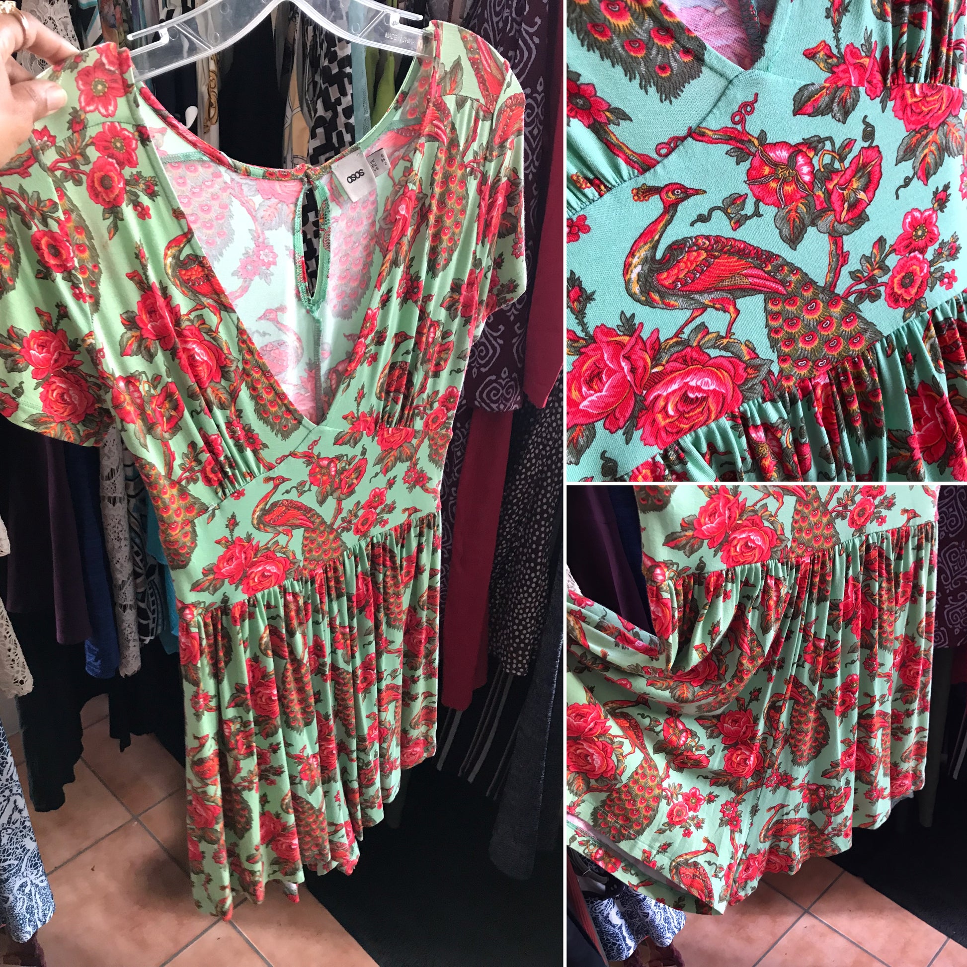 mint green peacock floral print romper stretchy ~~~ s