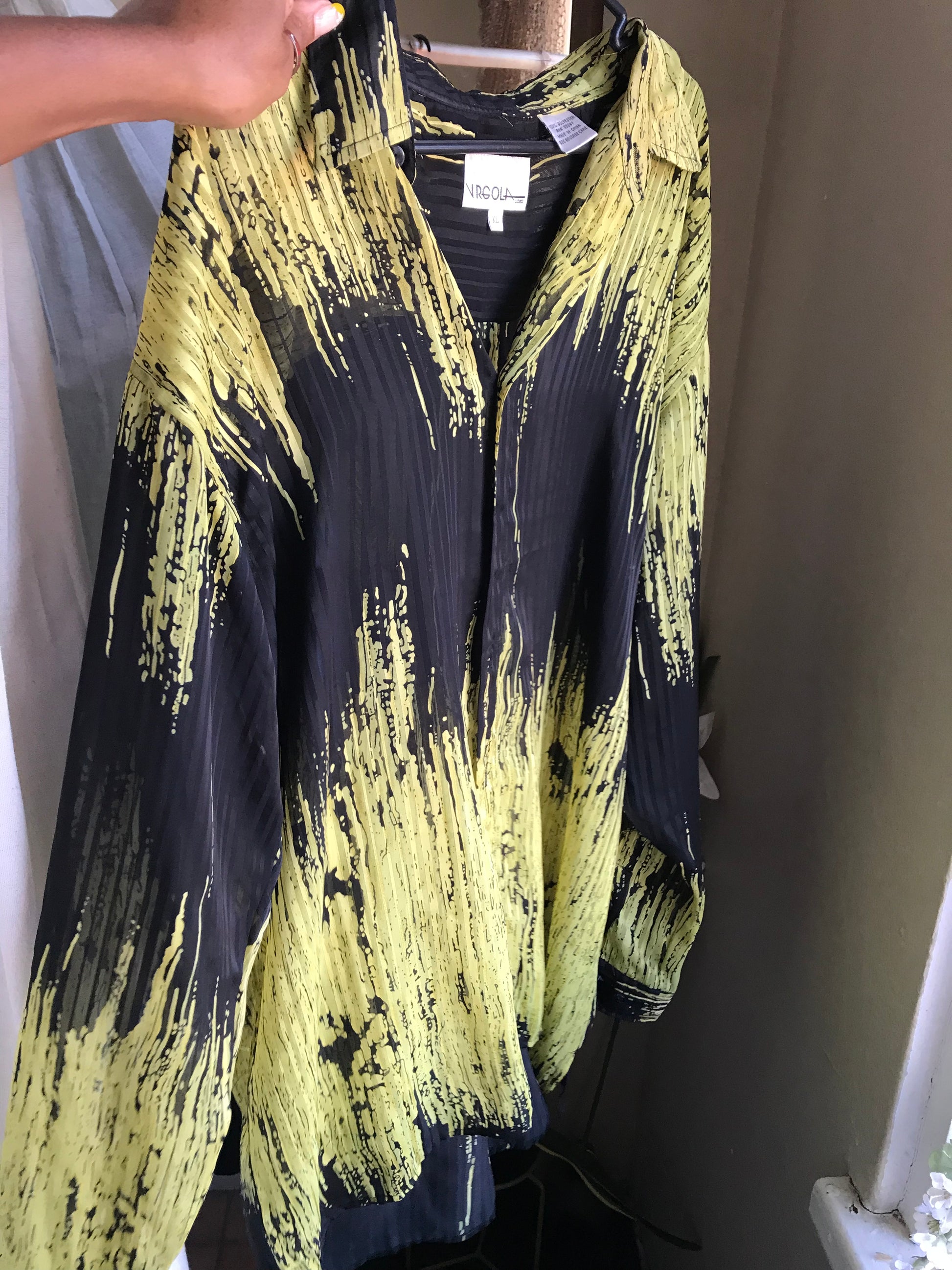 vintage black and yellow sheer pleat button blouse oversized mens... /xl