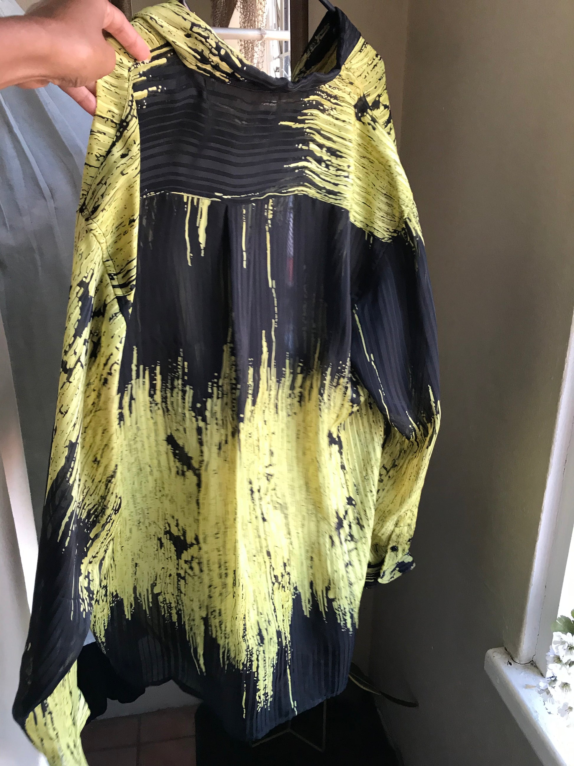 vintage black and yellow sheer pleat button blouse oversized mens... /xl