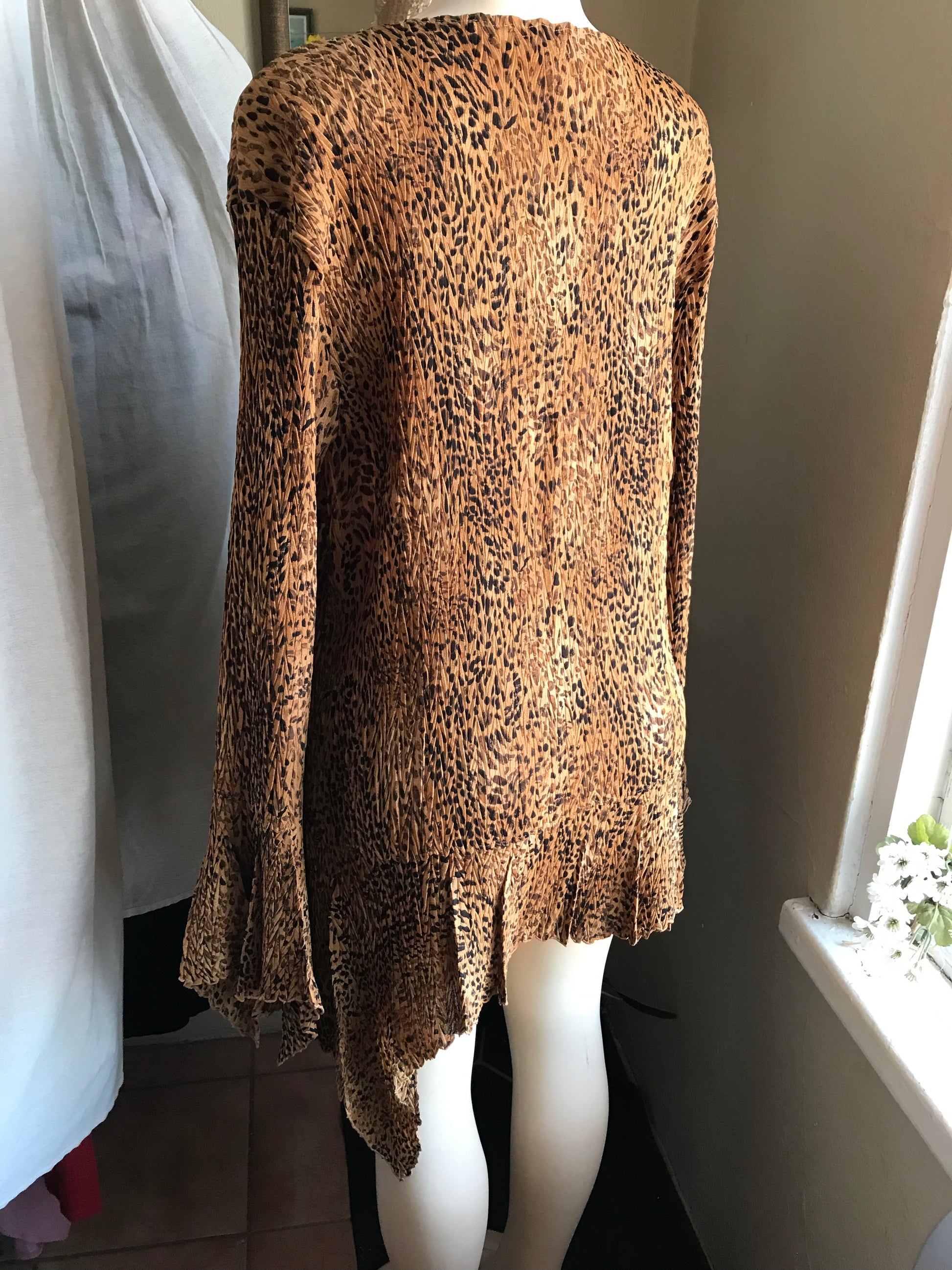 vintage cheetah crinkle mini dress bell sleeve L/XL