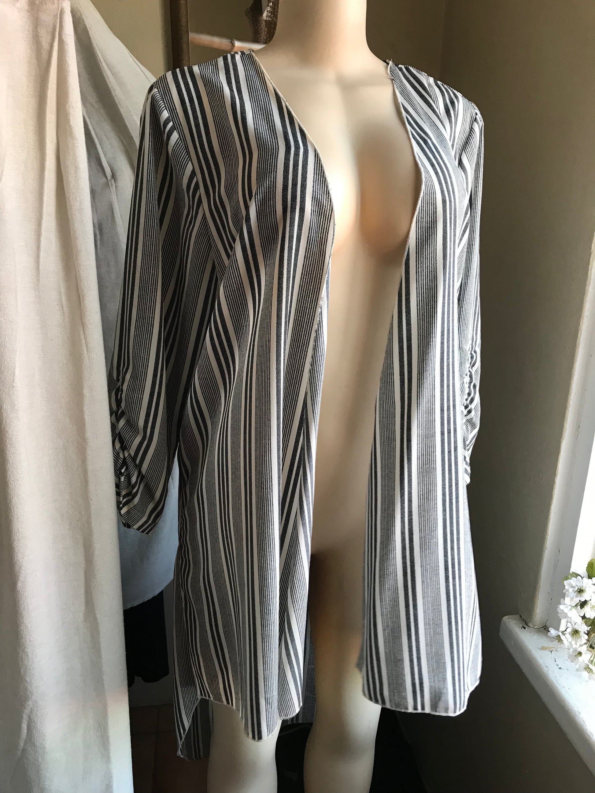 grey stripe kimono cover ruche sleeve ... L