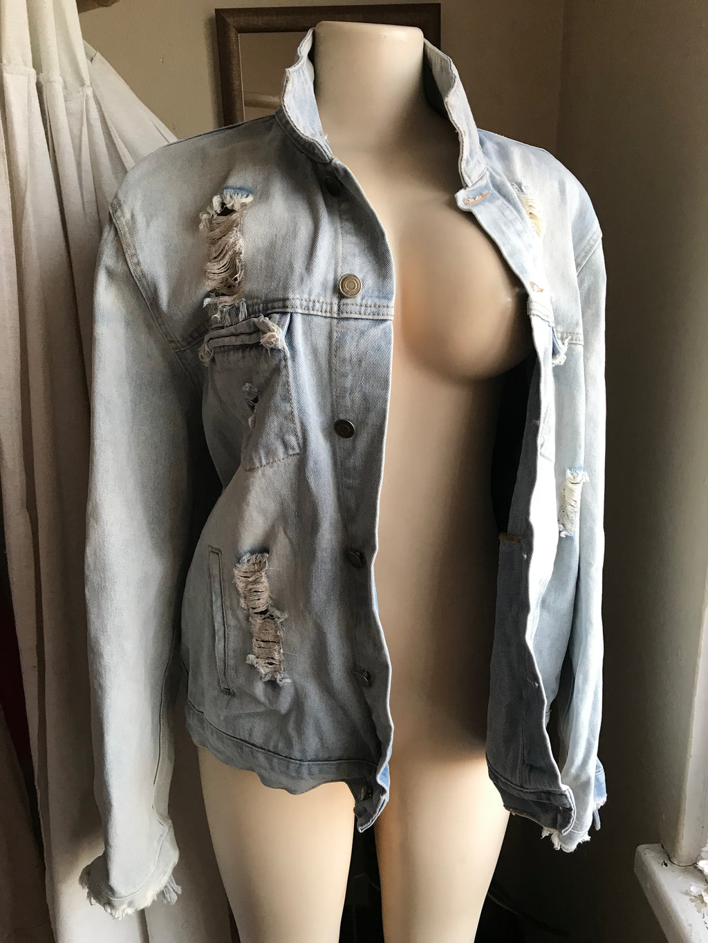 denim jacket distressed zip sleeve detal /xl unisex