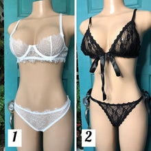 Load image into Gallery viewer, lllNew white 2 piece lace lingerie. S &amp; L • New black 2 piece ribbon tie S &amp; M
