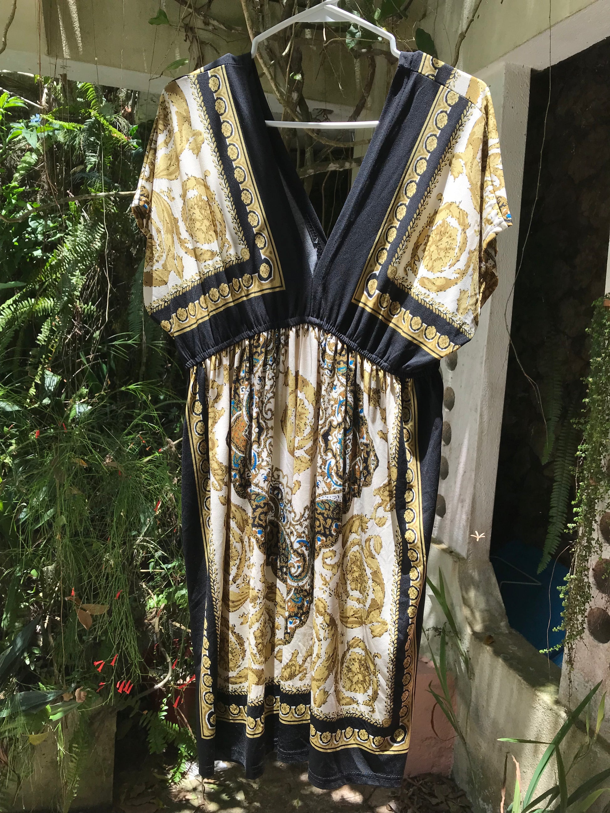 black gold ornate bandana print stretchy dress v cut