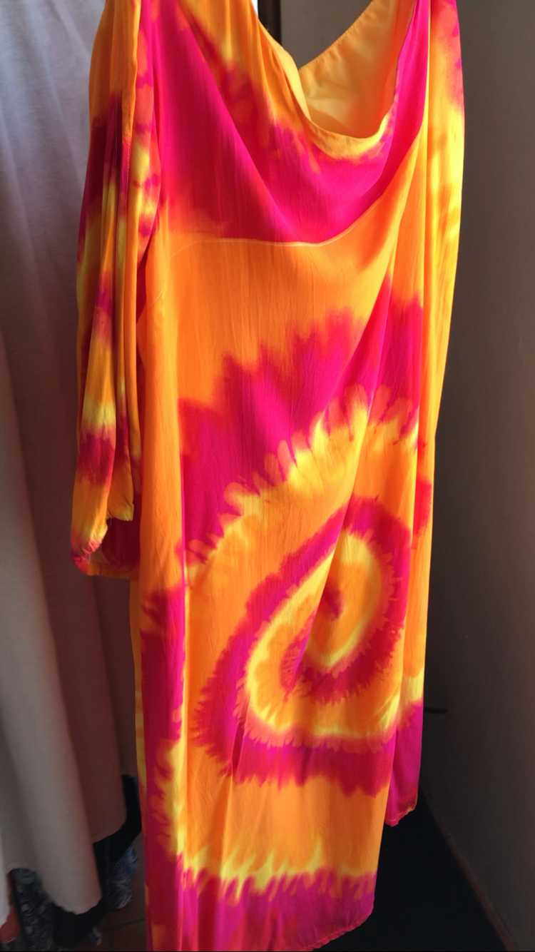 vintage tie dye one shoulder maxi dress Slit Sleeve orange pink