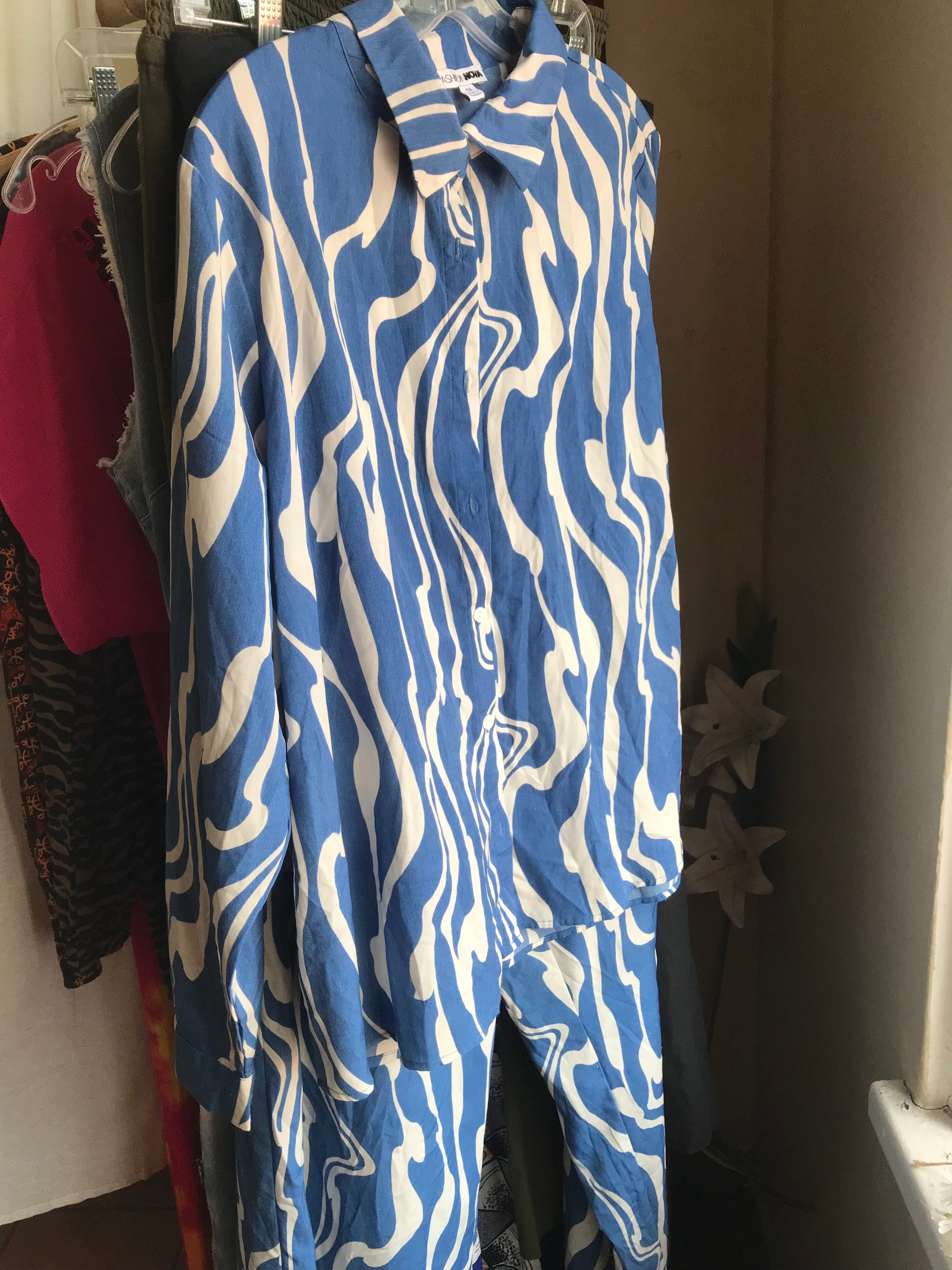 Blue wave pattern pants set XL