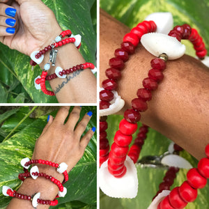 New/Repurposed slinky multi bracelet *** red gem / wood L/XL (TNJ original)