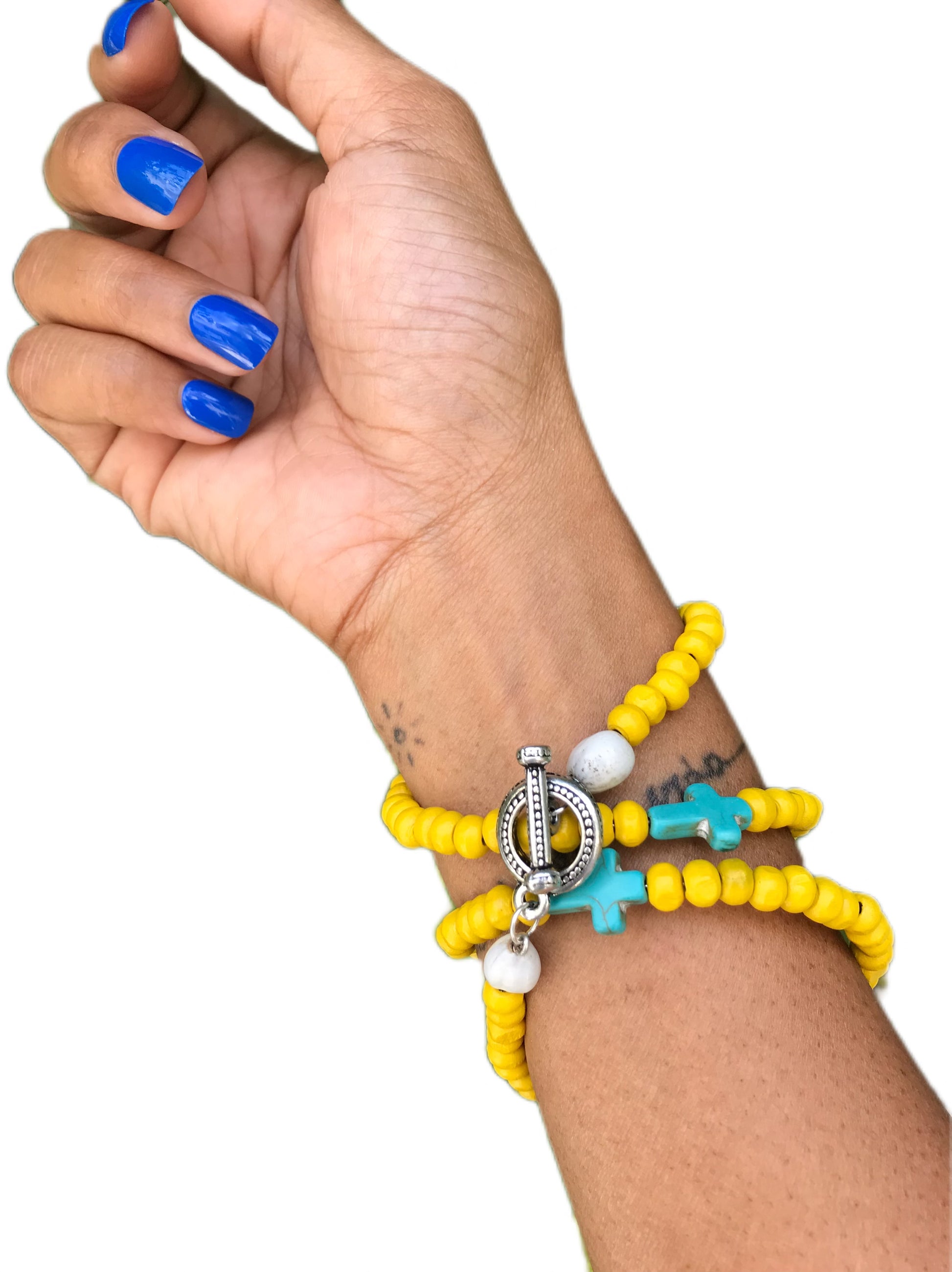 New slinky multi bracelet *** turquoise charm / wood (TNJ original) s/m