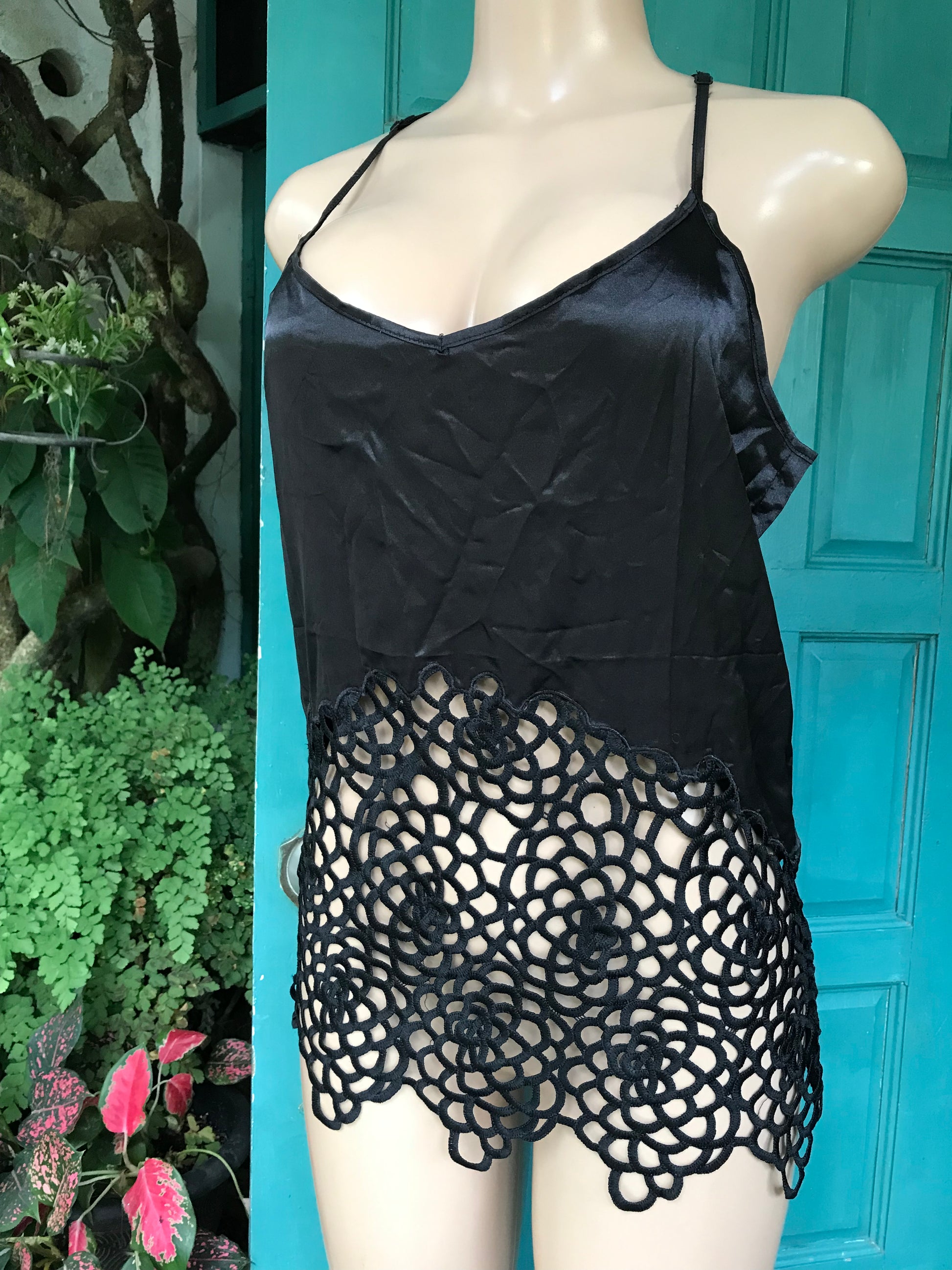 Black silky evening blouse spaghetti crochet... m/L