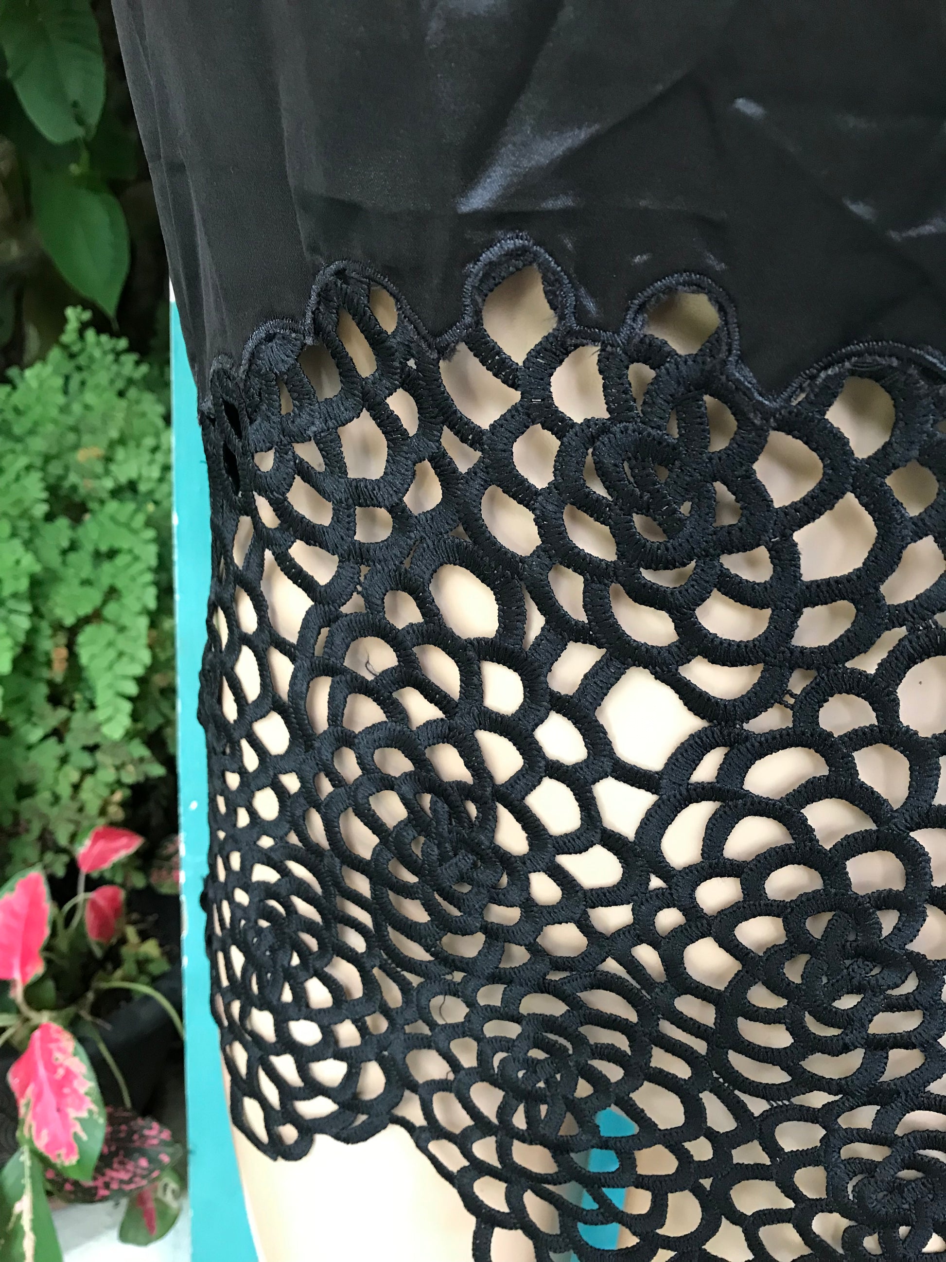 Black silky evening blouse spaghetti crochet... m/L