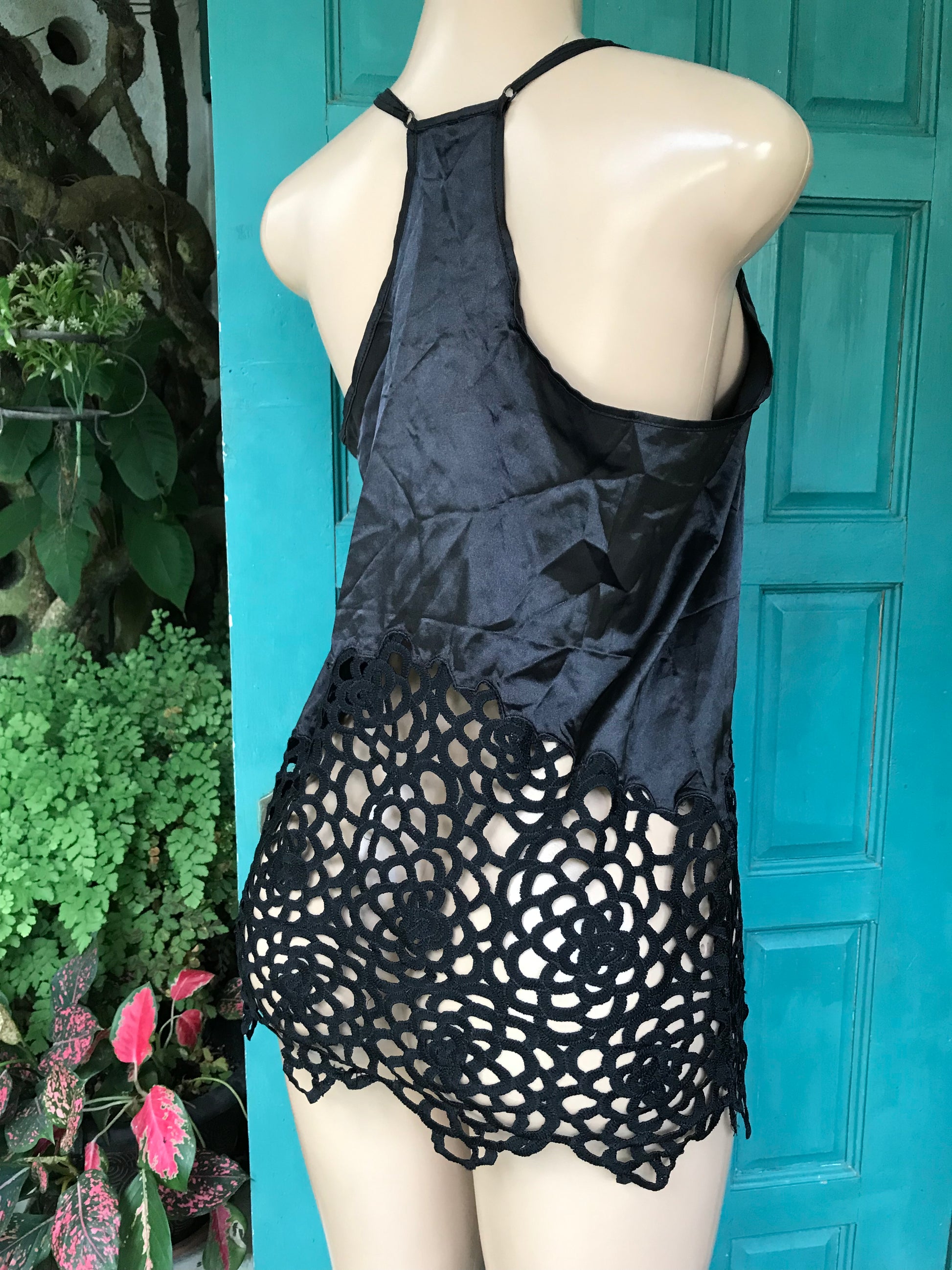 Black silky evening blouse spaghetti crochet... m/L