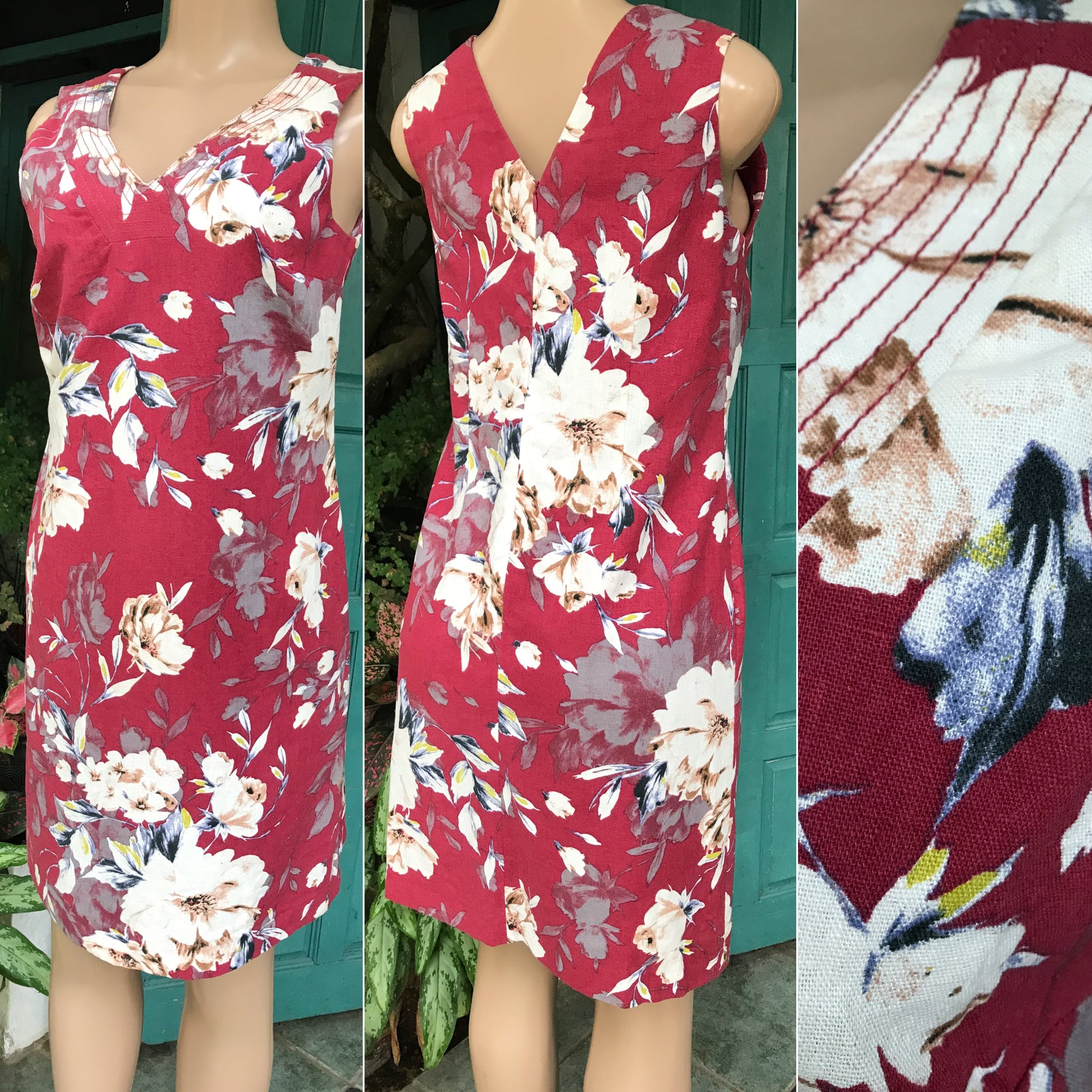 vintage organic deep red floral v cut professional dress ^^^ m ,,,