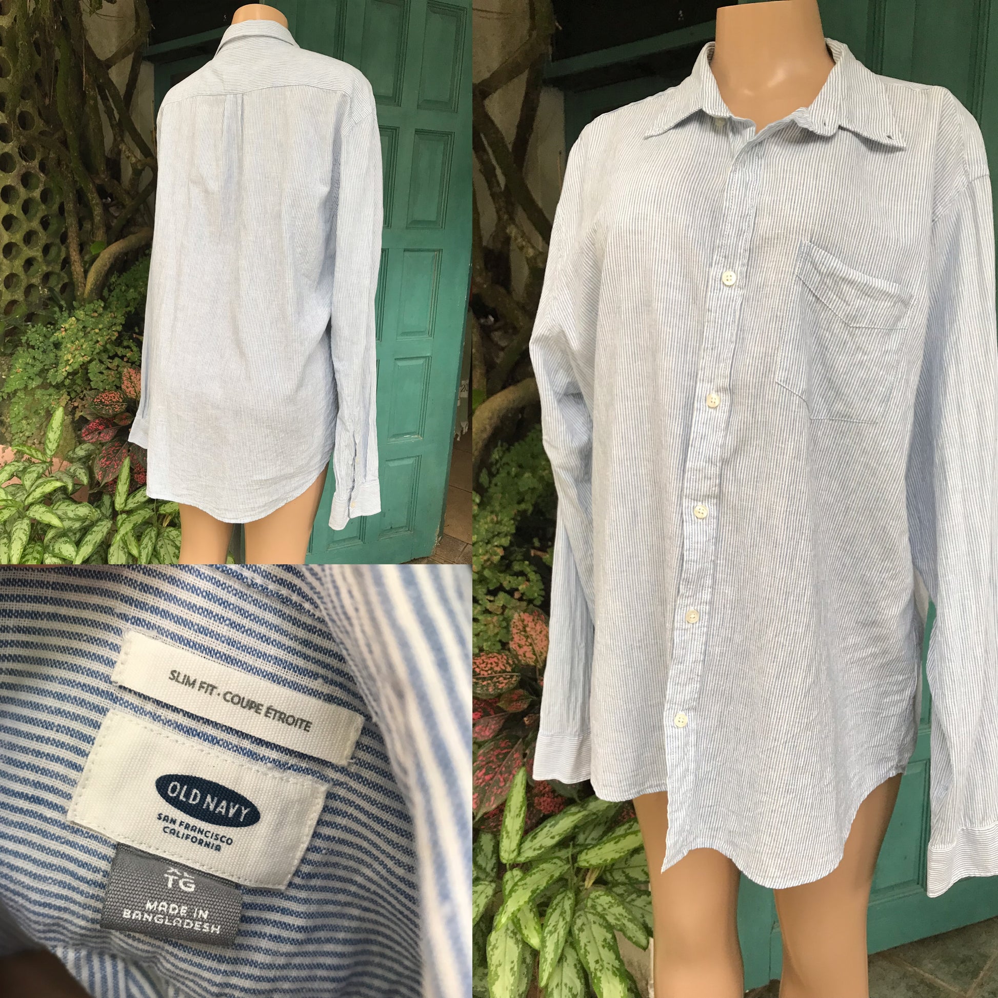 Old Navy Organic blue Stripe button shirt extra long men's ,,, /xl