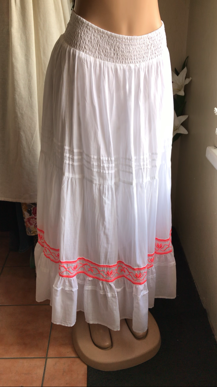 White cotton maxi peasant skirt neon embroidery mexico  /xl to 3x