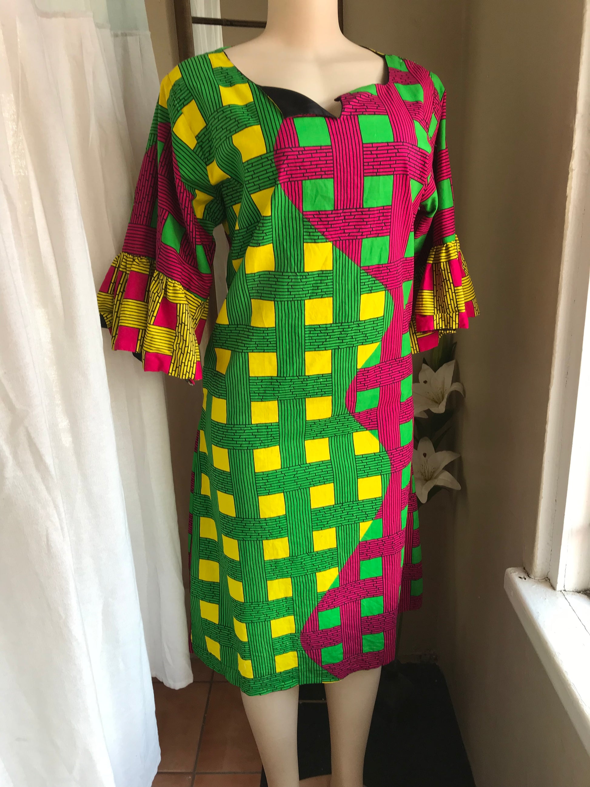 African Bell sleeve occasion dress pink and green. L