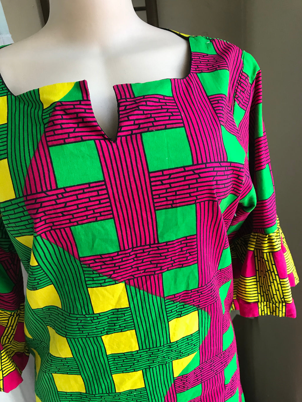 African Bell sleeve occasion dress pink and green. L