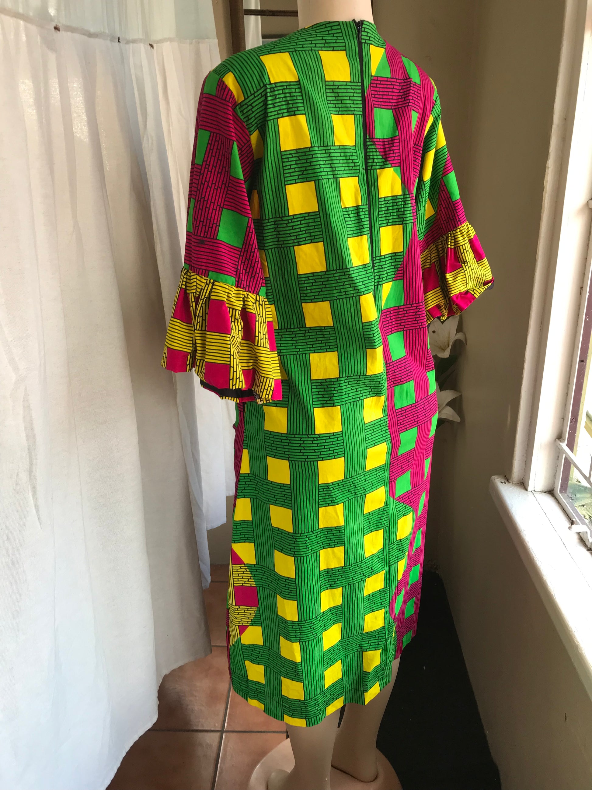 African Bell sleeve occasion dress pink and green. L