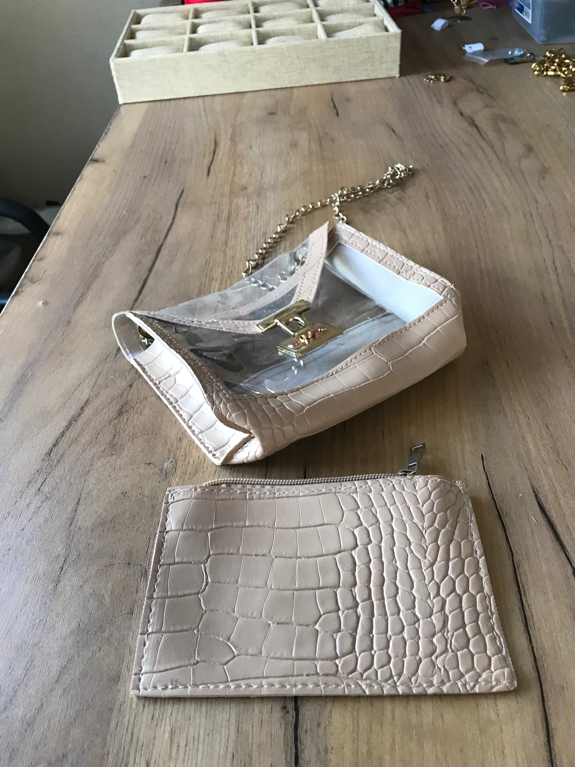 lllSee through mini crossbody bag with gold chain : sand and inner purse