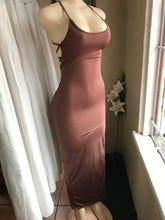 Load image into Gallery viewer, Chocolate brown stretch Slit dress occasion open back xs/s
