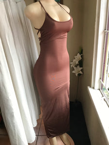 Chocolate brown stretch Slit dress occasion open back xs/s